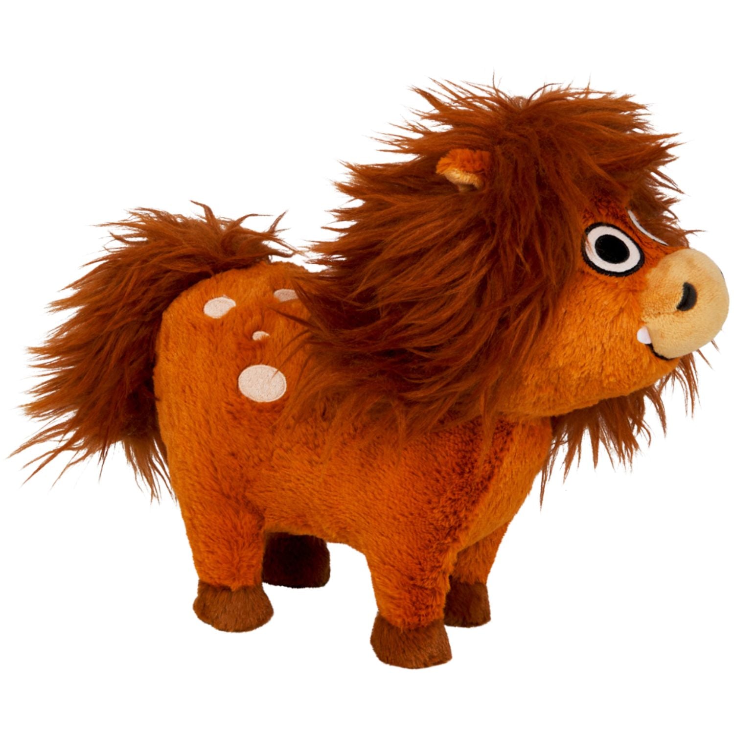 Das braune Die Spiegelburg Plüschtier Ronny das Pony in der Seitenansicht. Das weiche Kuschelpony mit wilder Mähne und Kulleraugen ist die berühmte Buchfigur von Kai Lüftner aus dem Coppenrath Verlag. Das Stofftier Pferd zum Spielen und Liebhaben hat ein fuchsfarbenes Plüsch-Fell mit weißen Punkten am Hinterteil, eine rundliche Figur und ein lächelndes Gesicht mit einem kleinen, charakteristischen Zahn.