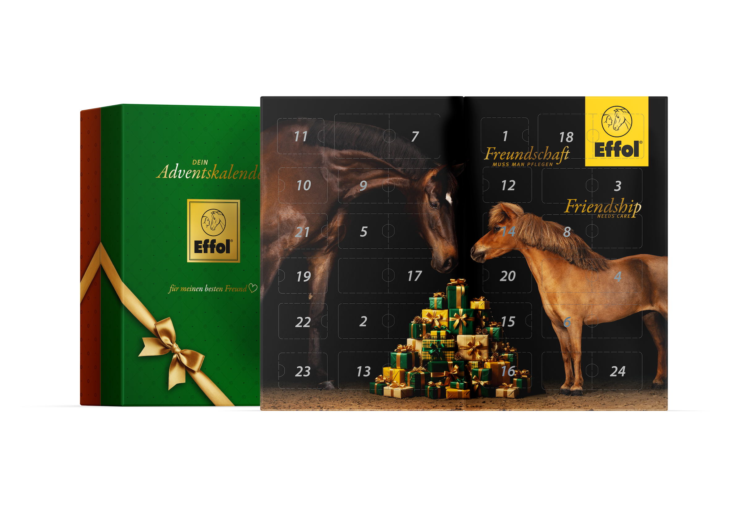 Bildkomposition des Effol Adventskalenders 2026: Links geschlossen, rechts aufgeklappt mit 24 Türchen und weihnachtlichem Pferdemotiv. Zu sehen sind ein Shetlandpony und ein dunkelbraunes Großpferd an einem Haufen Geschenke sowie das gelbe Effol-Logo mit dem Slogan „Freundschaft muss man pflegen“. Der Pferde-Adventskalender enthält 24 Überraschungen für Reiter und Pferd von Effol, effax und Hey Sport.