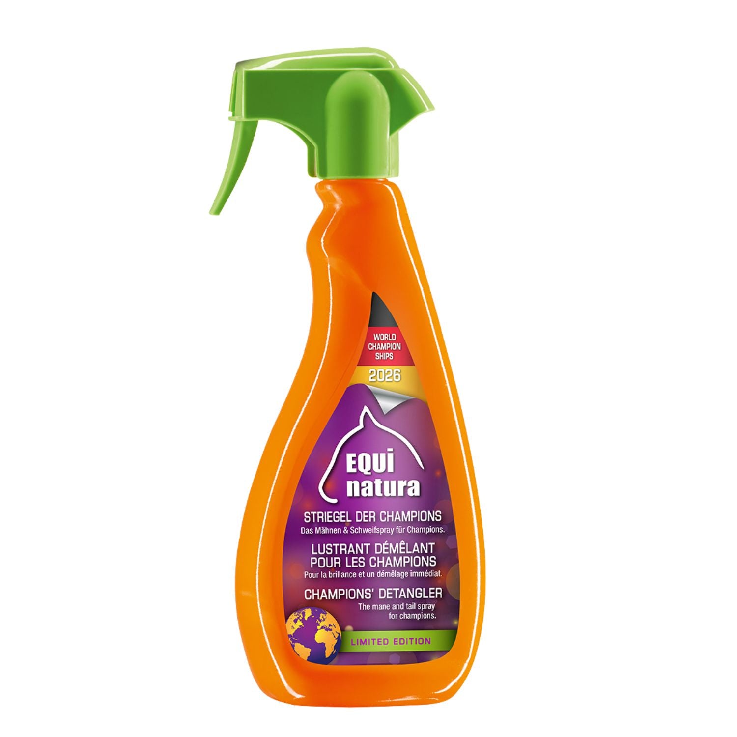 Hochauflösendes Produktbild der auffälligen orangen 480 ml Boosterflasche mit hellgrünem Sprühkopf vom Equinatura Striegel der Champions. Dieses zuverlässige Mähnenspray und Schweifspray dient als effektives Glanzspray für Pferde und sorgt bei der täglichen Langhaarpflege für eine extrem leichte Kämmbarkeit, müheloses Entknoten und einen seidigen Glanz vom Schopf bis zum Schweif.