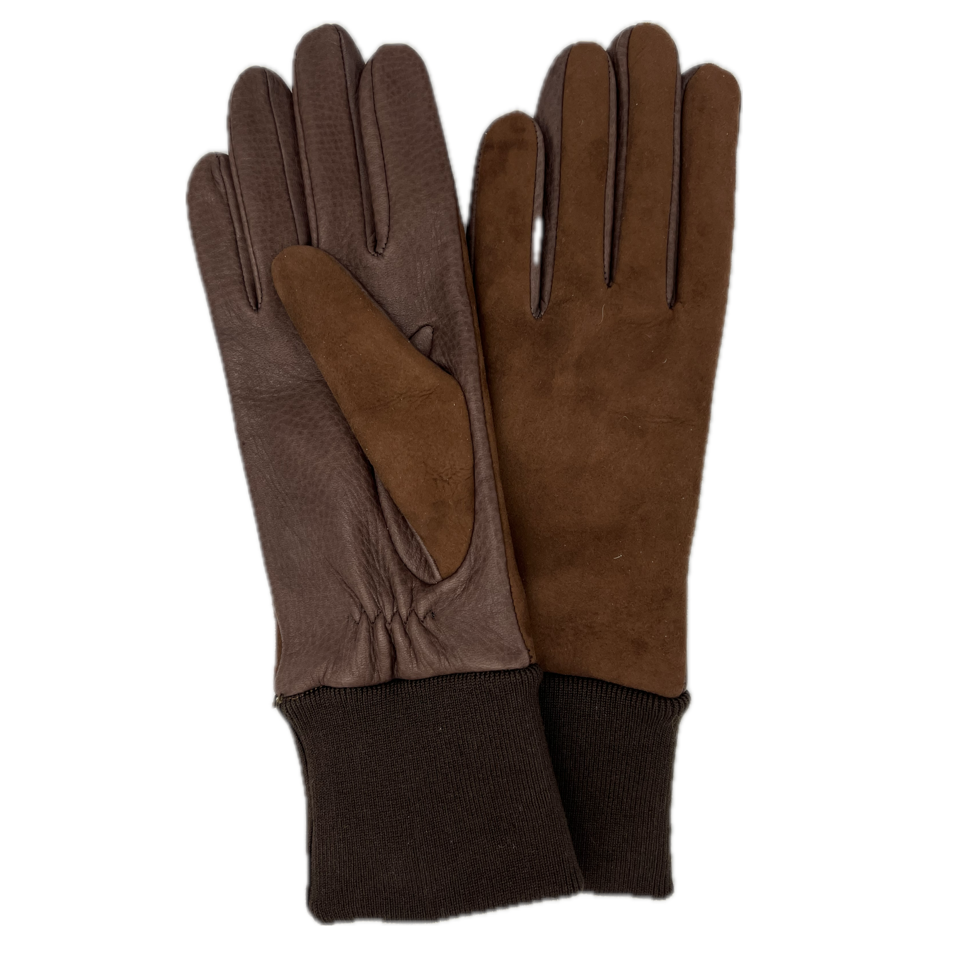 Ein Paar der braunen Hauke Schmidt Winterreithandschuhe Reykjavik, liegend präsentiert. Ein Lederreithandschuh zeigt die Handinnenseite aus robustem Hirschleder für optimalen Zügelmaß-Halt, während der zweite Handschuh die Handrückenseite aus weichem Schafsleder in Curly-Optik präsentiert. Diese klassisch braunen Reithandschuhe sind das ideale Equipment für Reiterinnen, um kalte Hände im Winter zu vermeiden.