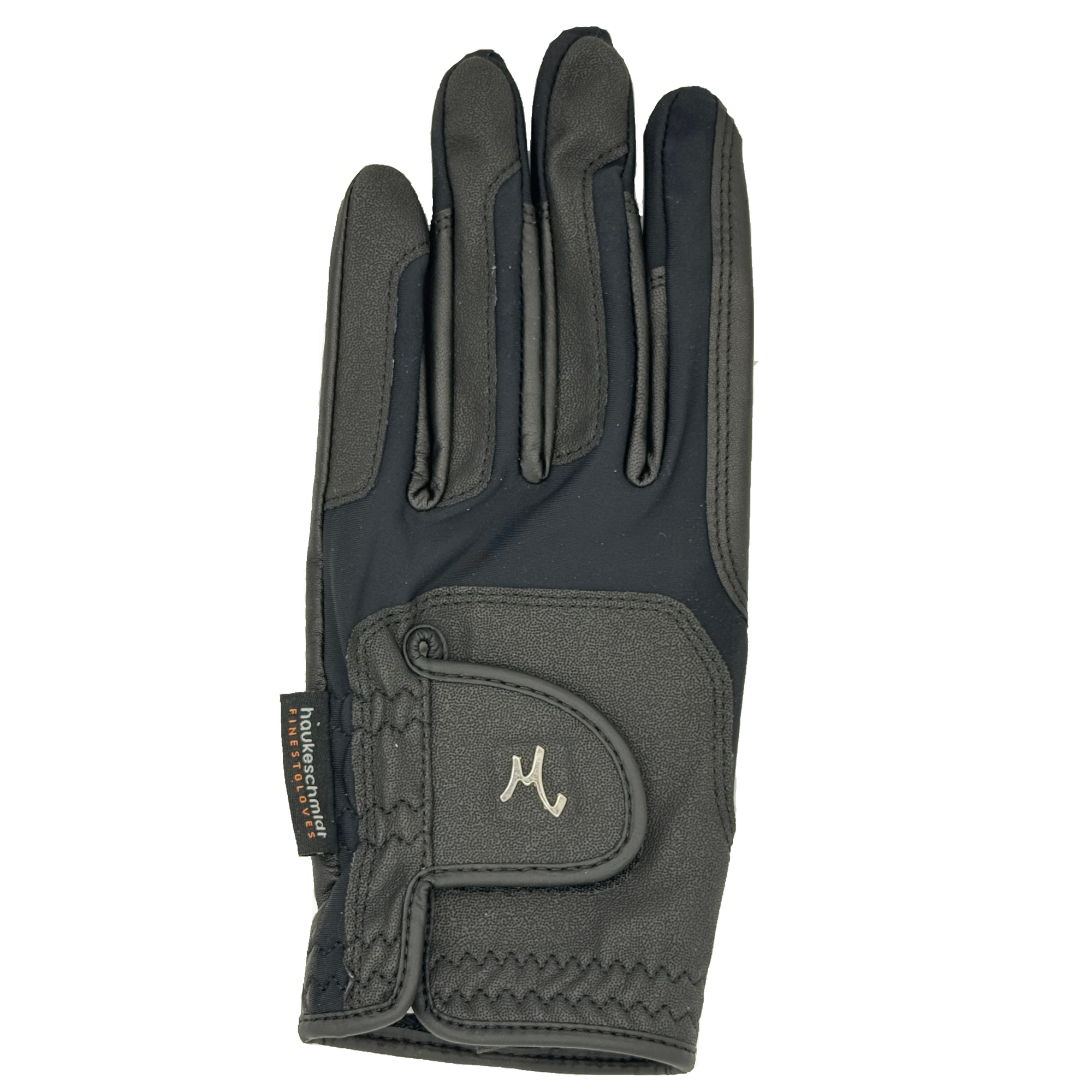 haukeschmidt Wendy Reithandschuh Handrückenseite aus hochwertigem Känguru-Haftleder in Schwarz, elastische Einsätze für Flexibilität, elegantes Design, perfekter Grip und hohe Strapazierfähigkeit. Profi-Reithandschuh für Dressur, Training und tägliche Arbeit mit mehreren Pferden.