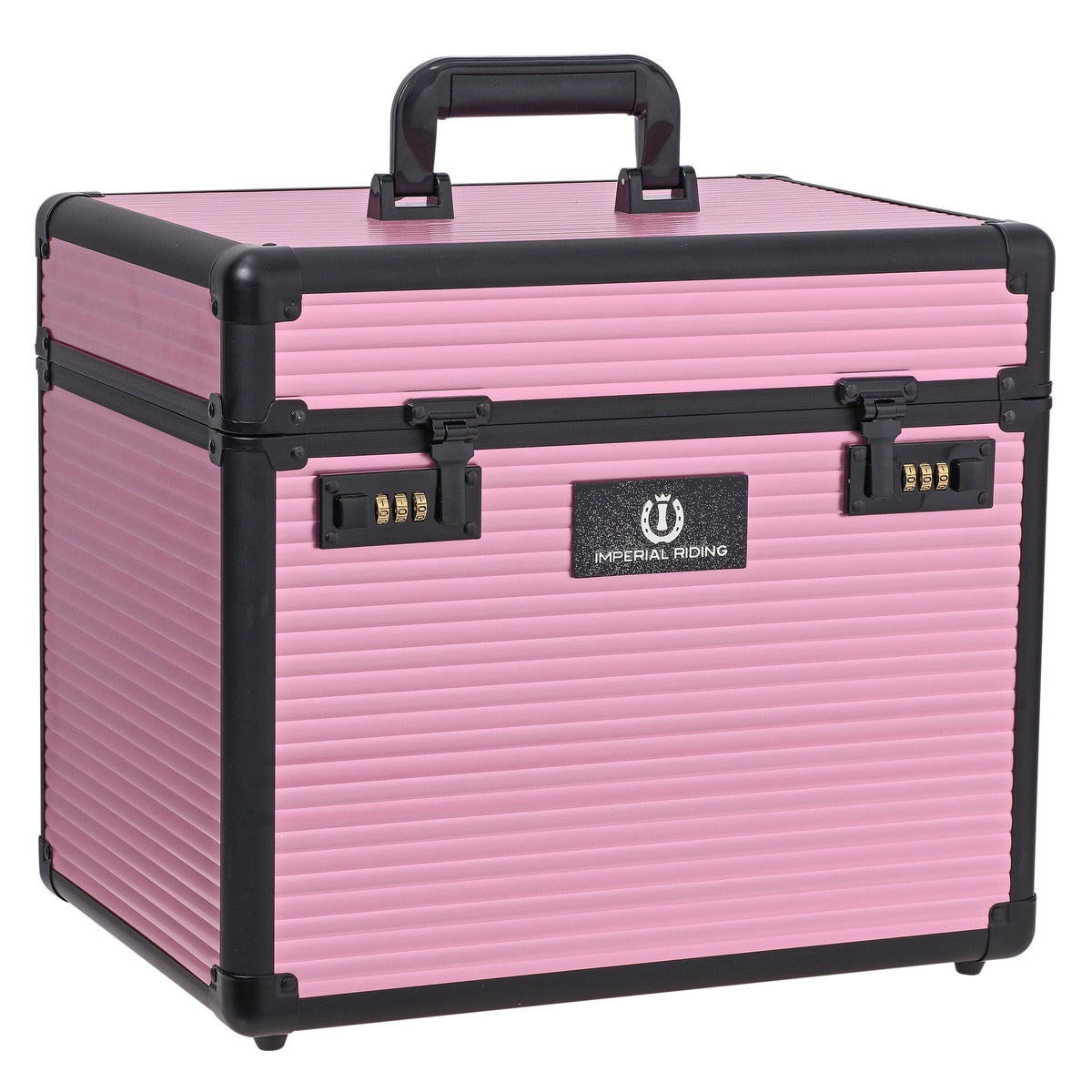 Geschlossene Imperial Riding Putzbox IRHShiny in Dark Mauve (zartes Rosa-Lila) mit geriffelter Oberfläche und schwarzem Rahmen. Die edle Pferdeputzbox mit Zahlenschloss schützt dein Pferdepflege-Equipment, Bürsten und Pflegemittel sicher vor unbefugtem Zugriff in der Stallgasse und auf dem Turnier.