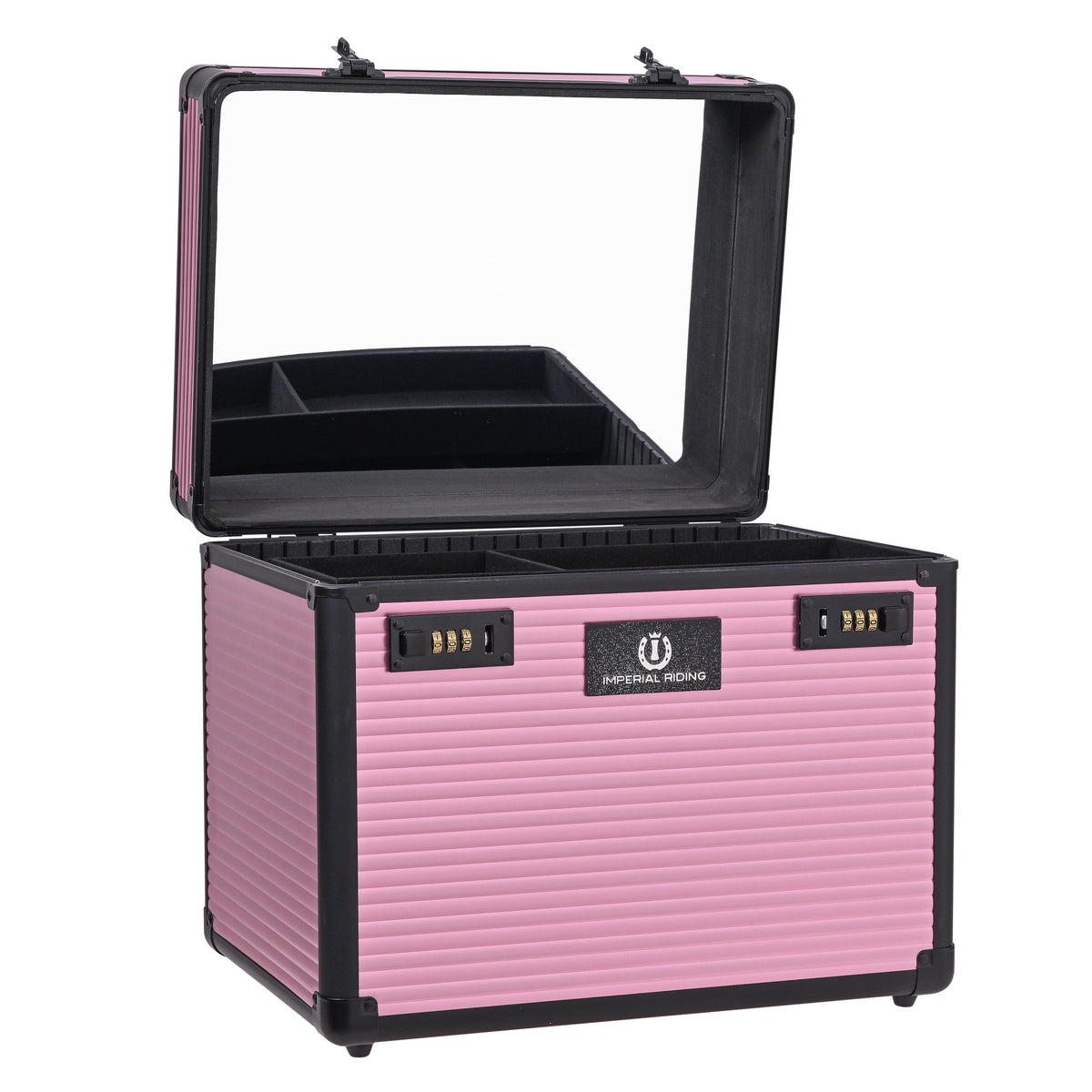 Geöffnete Imperial Riding Putzbox IRHShiny in Dark Mauve mit großem Spiegel im Deckel und herausnehmbarer Ablage mit Fächern. Der praktische Putzkasten mit Trennwänden bietet optimalen Stauraum für Pferdepflege-Zubehör, Einflechtgummis, Startnummern und Hufkratzer vor dem Turnier.