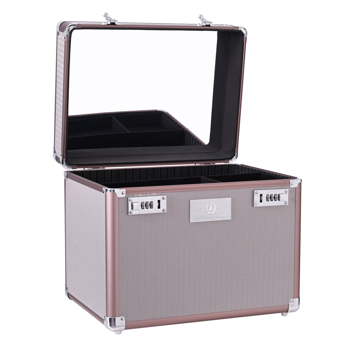 Geöffnete Imperial Riding Putzbox IRHShiny Taupe Herringbone mit großem Spiegel im Deckel und herausnehmbarer Ablage. Die Innenansicht der Pferdepflegebox zeigt die organisierte Fächeraufteilung mit Trennwänden für Bürsten, Striegel und Pflegeprodukte – ideal als Turnier-Beauty-Case.