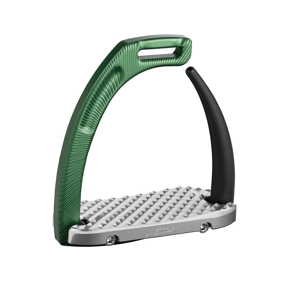 Vorderansicht des Jin Stirrup Air Sicherheitssteigbügel Dark Green von JS Italia. Der offene, elastische Außenbogen aus schwarzem Elastomer dient als verlässliche Sicherheitsfunktion beim Sturz. Gut sichtbar sind der innere dunkelgrüne Bogen aus eloxiertem Aluminium mit radialer Designstruktur sowie die silberne, anatomisch geformte Trittfläche. Die markante Diamantprägung sorgt für rutschfesten Grip und maximale Stabilität im Springsport und Gelände.