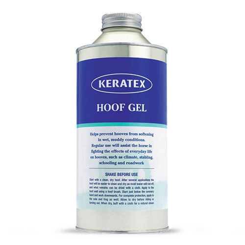 Ein Behälter mit Keratex-Hufgel, das verhindern soll, dass Pferdehufe bei nassen, schlammigen Bedingungen weich werden, indem es wasserabweisenden (wasserabweisenden) Schutz für den Alltag bietet.