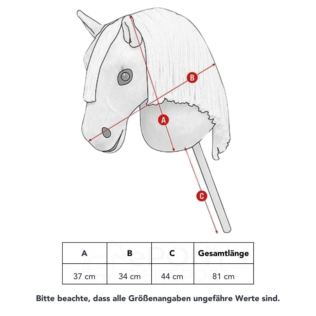 LeMieux Steckenpferd Hobby Horse Größentabelle mit Abmessungen zur Einordnung der Größe.