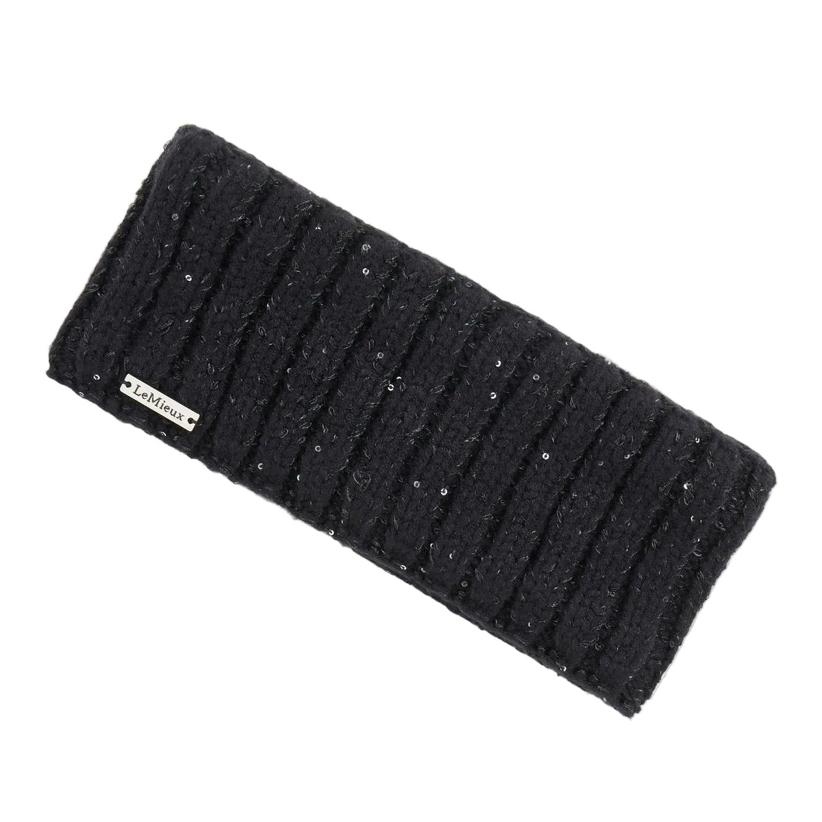 Schwarzes LeMieux-Stirnband Bernie aus Rippstrick mit dezent eingearbeitetem Paillettengarn und aufgenähtem silbernen Metall-Logo am unteren Saum. Wärmendes Damen-Strick-Headband als eleganter Ohrenschutz für Reitsport, Stall und Freizeit