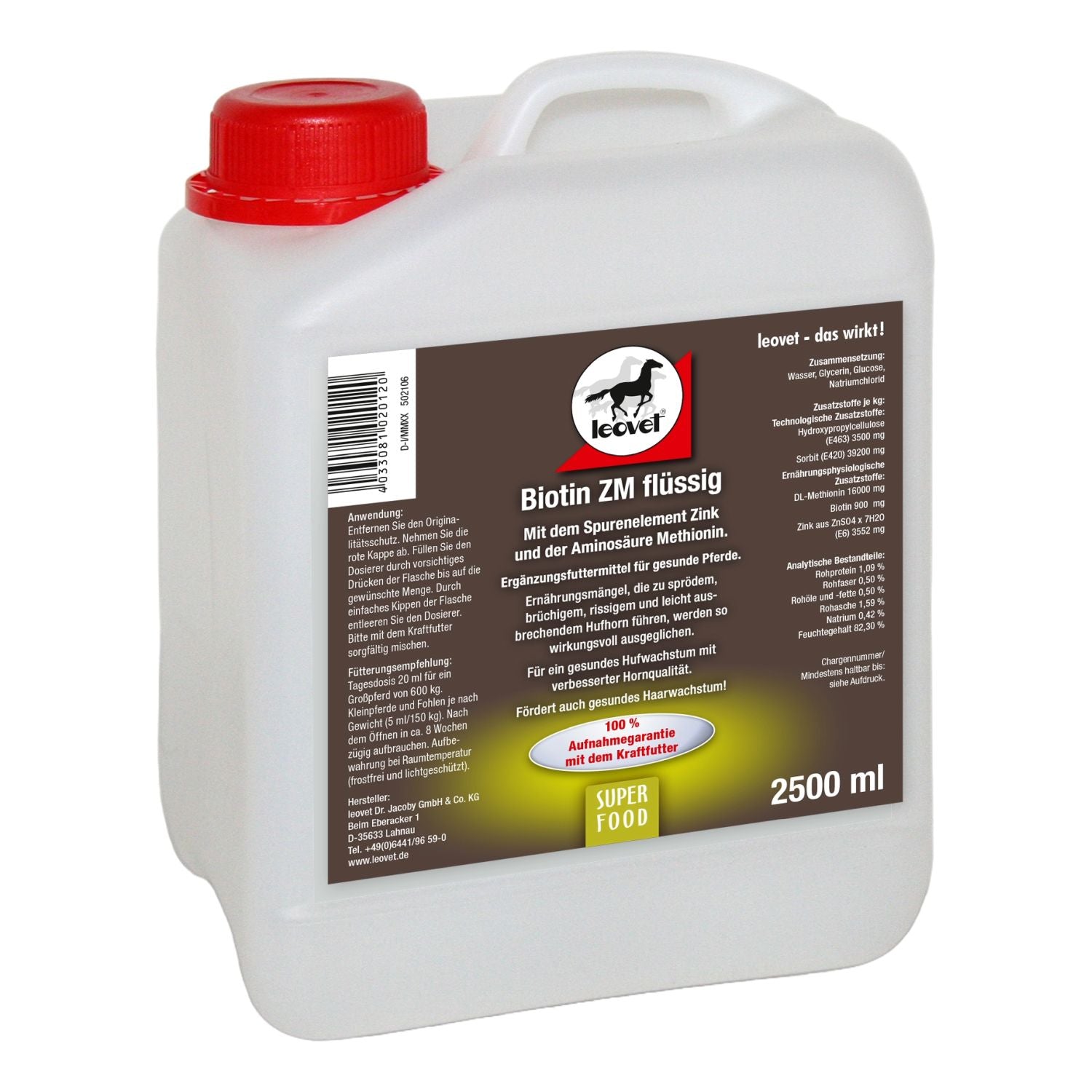 Der ergiebige 2,5 Liter Vorratskanister von leovet Biotin ZM flüssig dient als wirtschaftliches Nachfüllpaket für die kontinuierliche Versorgung von Pferden mit Biotin, Zink und Methionin. Die Großpackung ist ideal für Stallbetreiber oder die langfristige fütterungsseitige Begleitung während des Fellwechsels und stellt eine unkomplizierte Bevorratung der hochwertigen Nährstoffkombination sicher.