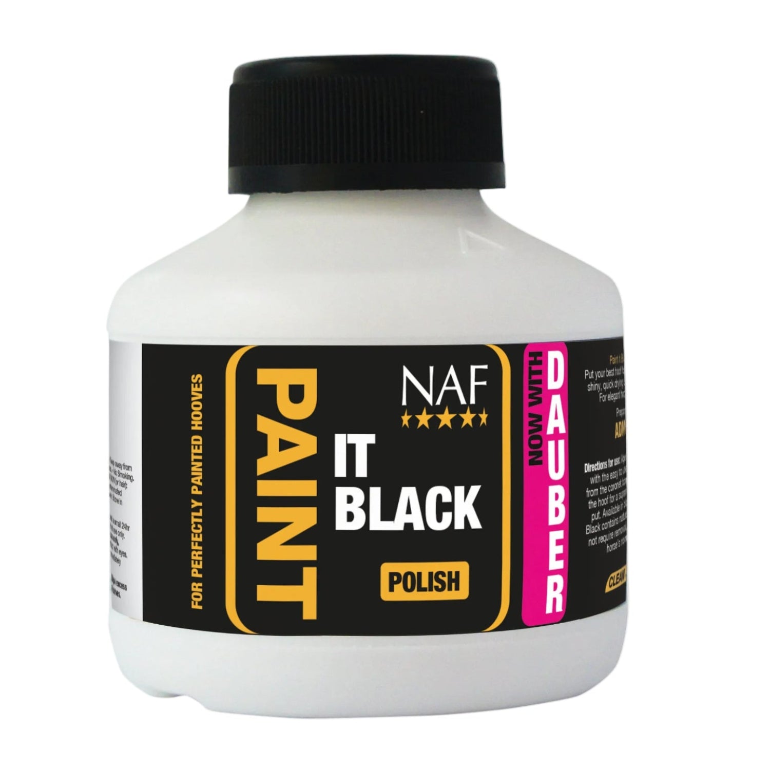 NAF Paint It Black – schwarzer Huflack für glänzende, gepflegte Pferdehufe. Ein Tuper-Schwämmchen zum Auftragen auf den Pferdehuf am Kronrand liegt bei. Schnelle Pflege für Turnierpferde.