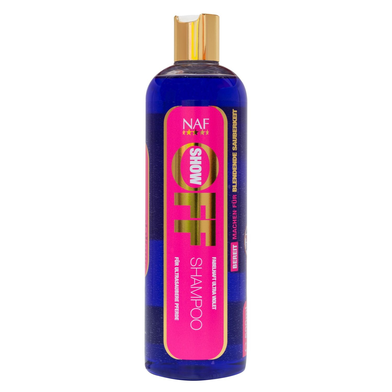 NAF Show Off Shampoo für Pferde – Premium Pferdeshampoo für Schimmel, Turnierpferde & Fellpflege mit intensivem Glanz und Tiefenreinigung. Das Show Off Ultra Violet Shampoo ist ein violettes Pferdeshampoo, das sich bestens eignet, um Mistflecken, Schmutz und Staub aus dem Fell von hellen Pferden zu waschen. Für blendend saubere Ponys und Pferde. Ein Ideales Schimmelshampoo!