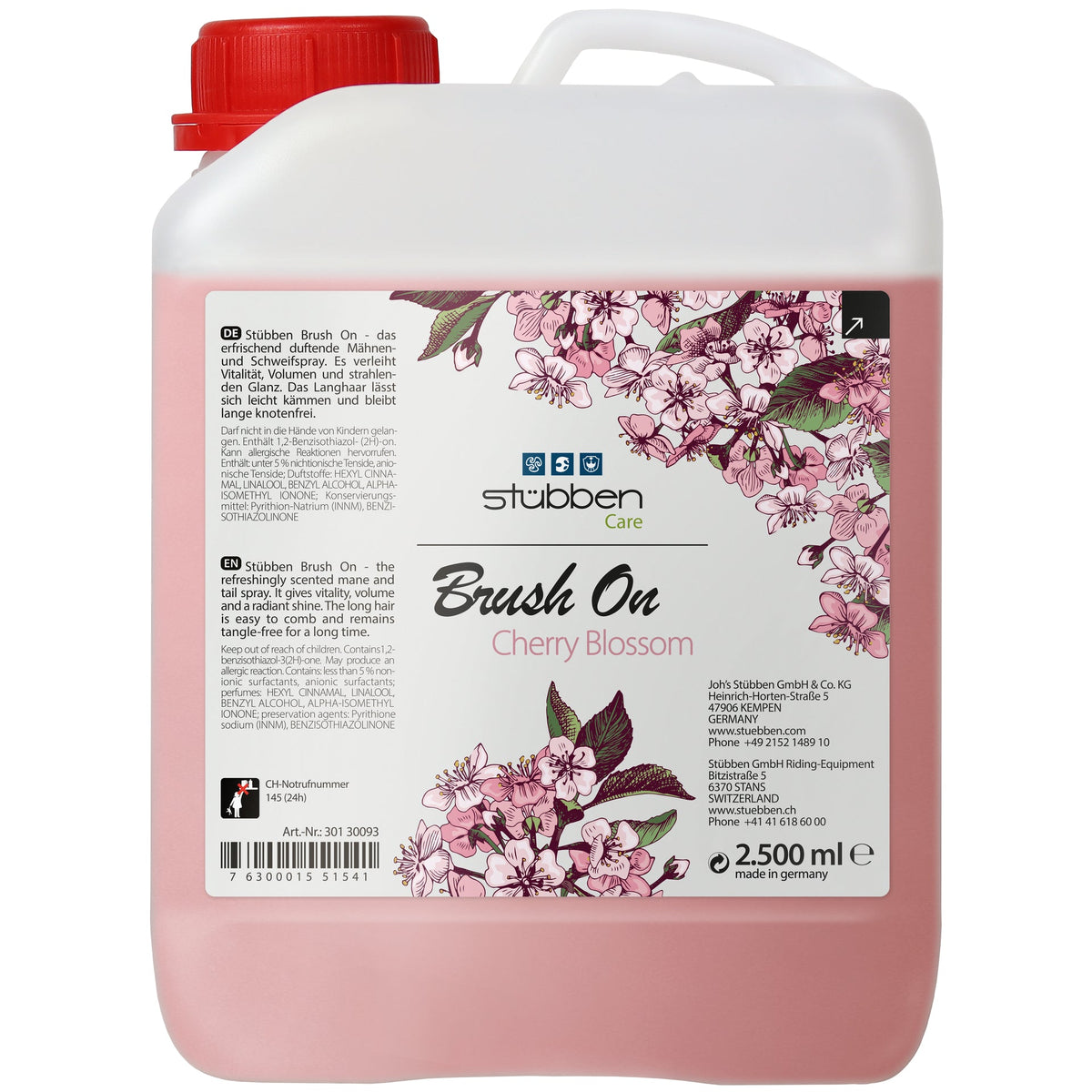 Stübben Brush On Cherry Blossom 2,5 Liter Nachfüllkanister für Profis und Ställe. Reicht für fünf Füllungen der Glanzspray-Sprühflasche und eignet sich für die Vorratshaltung im Stall.