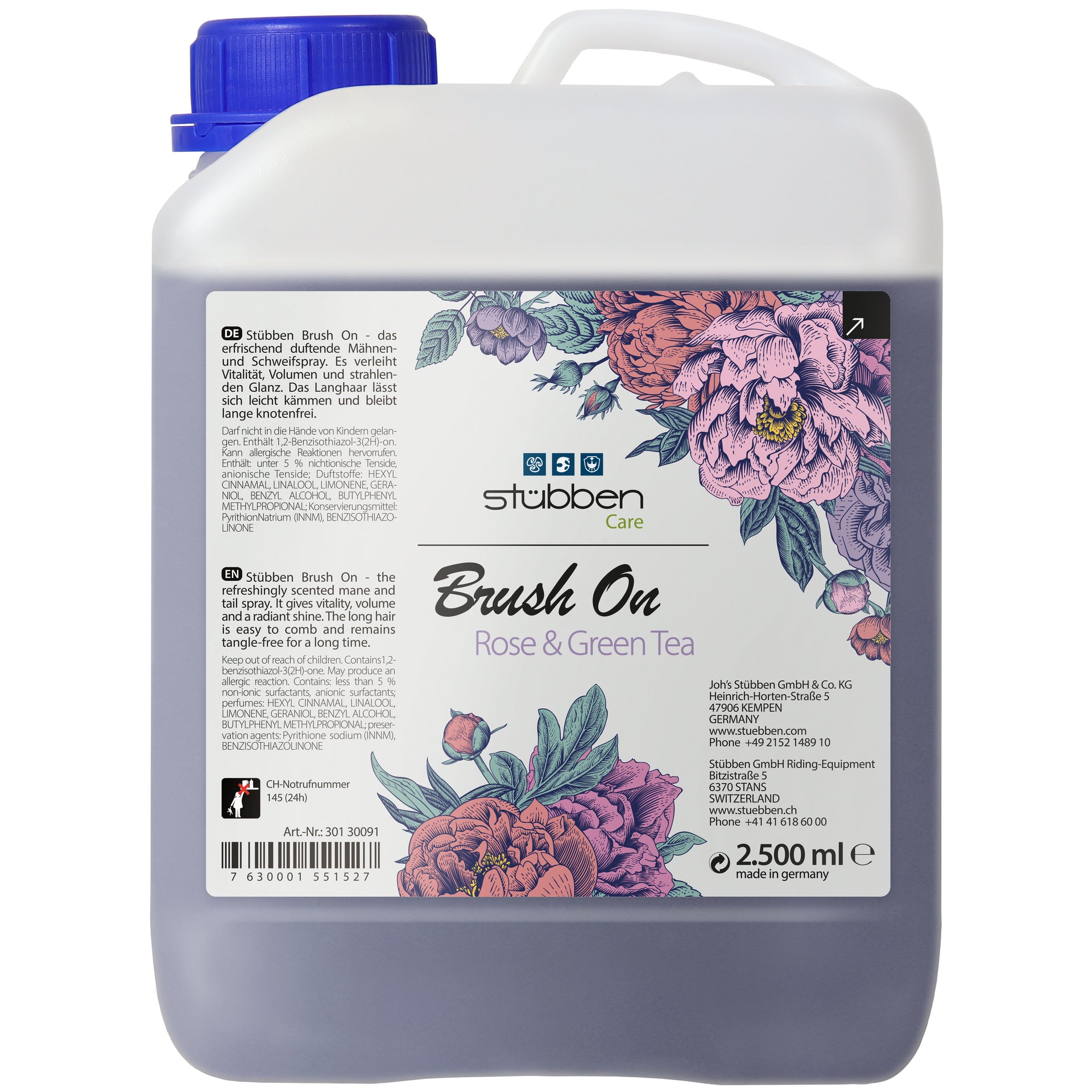 Großer 2,5 Liter Stübben Brush On Rose & Green Tea Nachfüllkanister für Profis & Ställe. Sparpackung für tägliche Pferdepflege von Mähne und Schweif. Reicht für 5 Füllungen der Glanzspray-Sprühflasche. Effiziente Vorratshaltung im Stall.