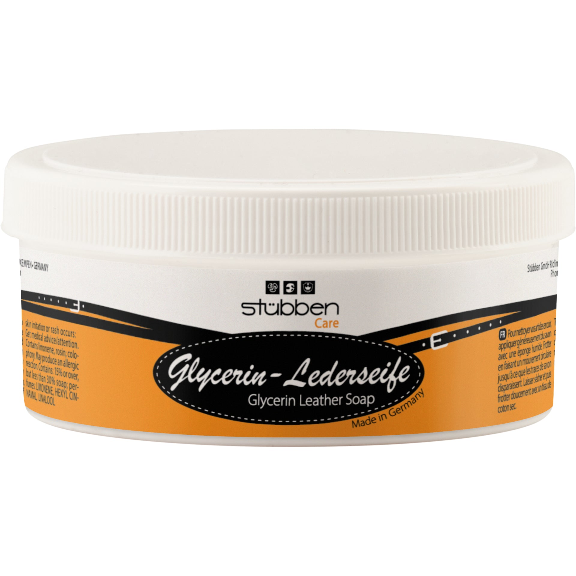 Die kompakte 250 g Schraubdose der Stübben Glycerin Sattelseife eignet sich ideal für die Lederreinigung unterwegs und bietet eine schonende Pflege für Sättel und Zaumzeug.