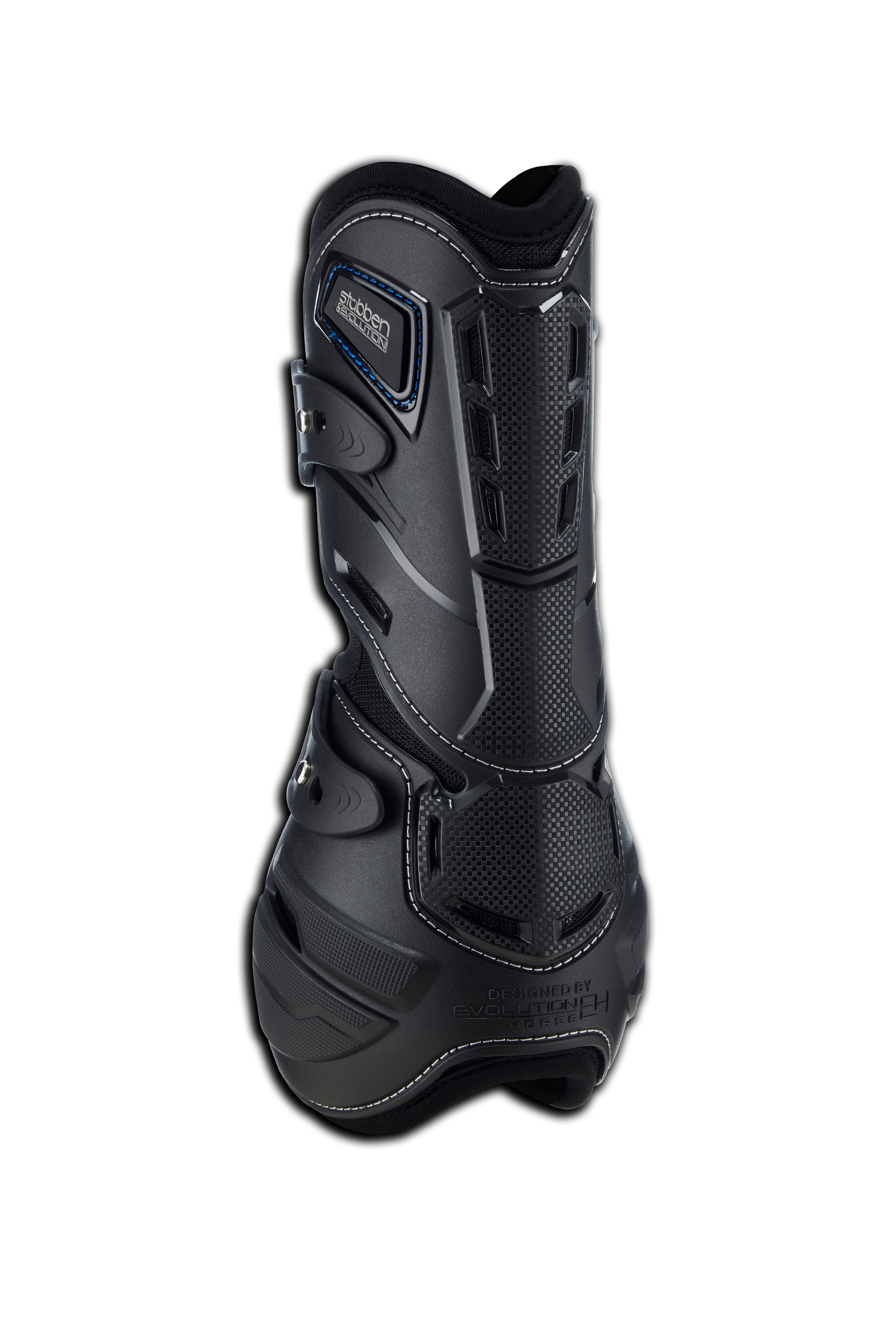 In der Rückansicht der Stübben Hybrid Springgamasche sind die strategisch platzierten Belüftungsöffnungen im Bereich der Sehne und des verstärkten Schlagschutzes deutlich zu erkennen, die einen gefährlichen Hitzestau verhindern. Aus dieser Perspektive zeigt sich zudem der innovative, weit einschneidende Cut-Out Materialrückschnitt, der einen modernen Beinschutz für höchste Ansprüche im Springsport, beim täglichen Training oder auf Ausritten ermöglicht