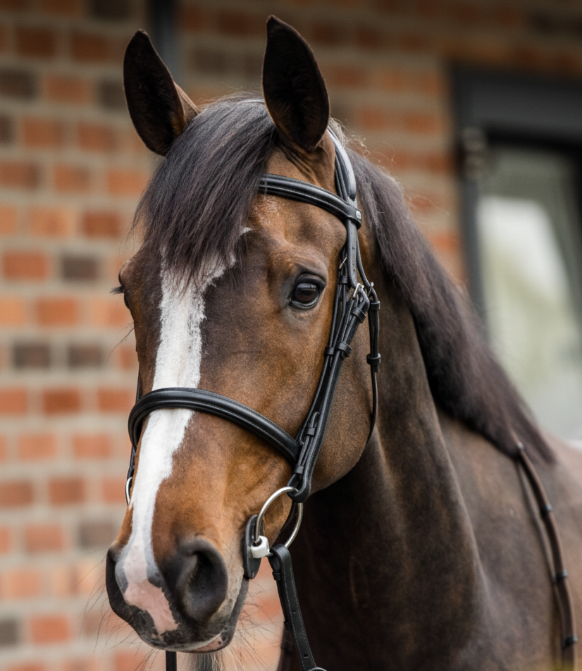 Vorderansicht der Trust Equestrian Geneva Trense am Pferd mit rückstandslos entferntem Sperrriemen für eine elegante Optik und pferdefreundlichen Komfort. Das englische Reithalfter ohne Sperrriemen kann als Huntertrense, Ausbildungstrense oder Trense zum Freizeitreiten und Turnierreiten genutzt werden.