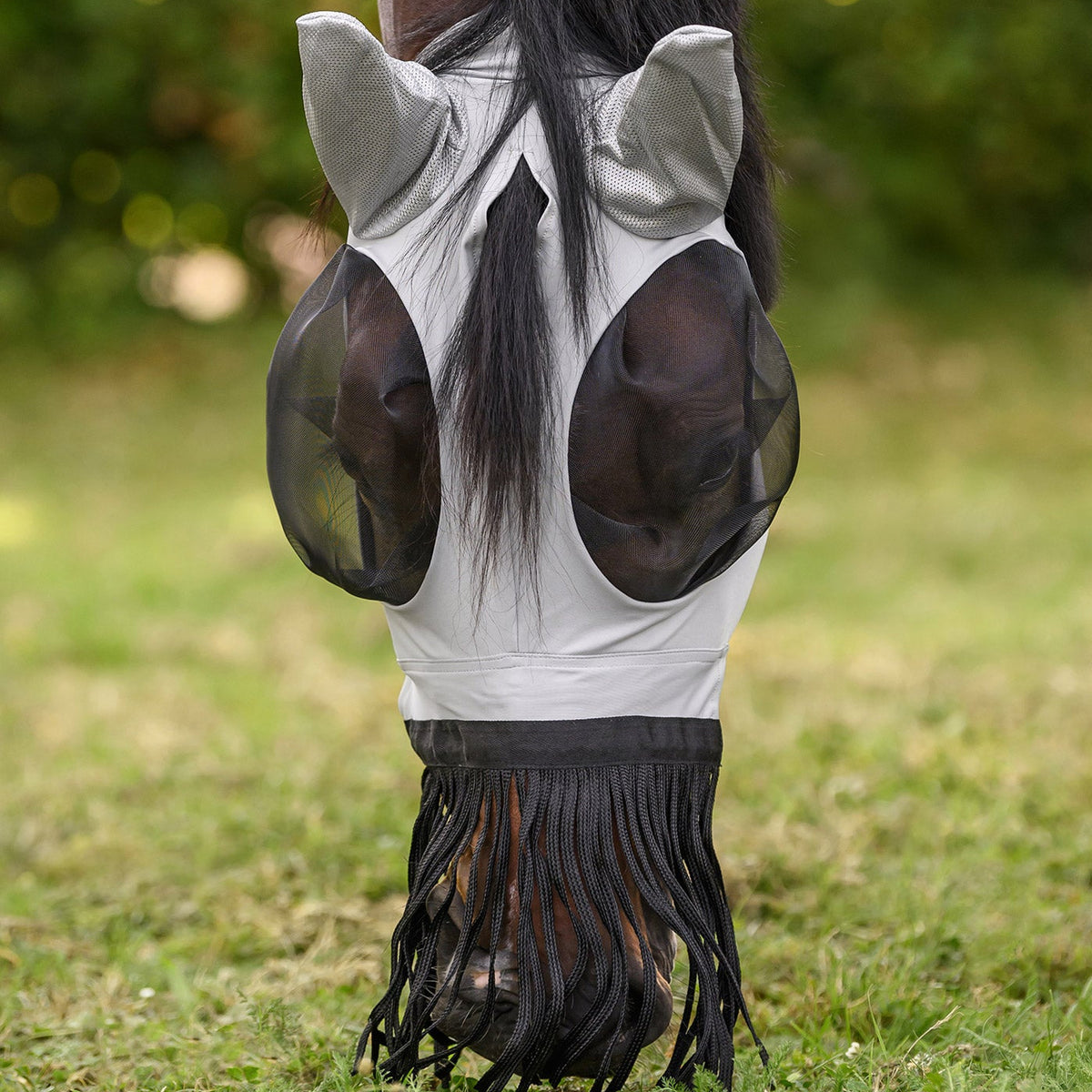 Waldhausen Fliegenmaske Puck mit Nasenfransen auf einem Pferd mit geneigtem Kopf beim Grasen auf der Sommerweide. Die elastische, leichte Fliegenschutzmaske gewährt volle Bewegungsfreiheit für Pony und Pferd. Die langen Nasenfransen hängen über das Pferdemaul, ohne beim Fressen oder Trinken an der Tränke zu stören. Durch den klassischen Schopfdurchlass zwischen den Ohren wird der Pferdeschopf nach außen gezogen, sodass das Langhaar auf dem Bild locker herabhängt und sich nicht unter der Maske staut.