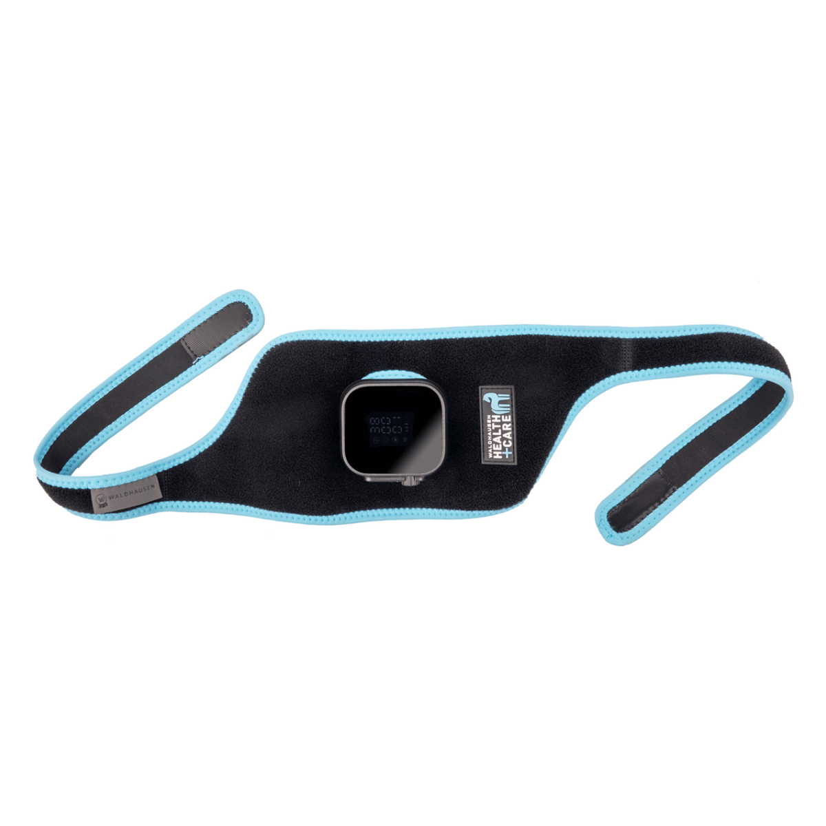Der ergonomische Befestigungsstrap des Waldhausen Health + Care Infrared FlexPads mit montierter Steuerungseinheit: Das flexible Pad-Modul wird von unten durch die Passöffnung geführt, sodass das digitale LED-Display und die Bedientasten außen frei bedienbar bleiben. Die langen Klettverschlussbänder mit hellblauer Randeinfassung gewährleisten eine passgenaue und rutschfeste Fixierung am Pferdekörper für die gezielte Wärme- und Vibrationsanwendung.