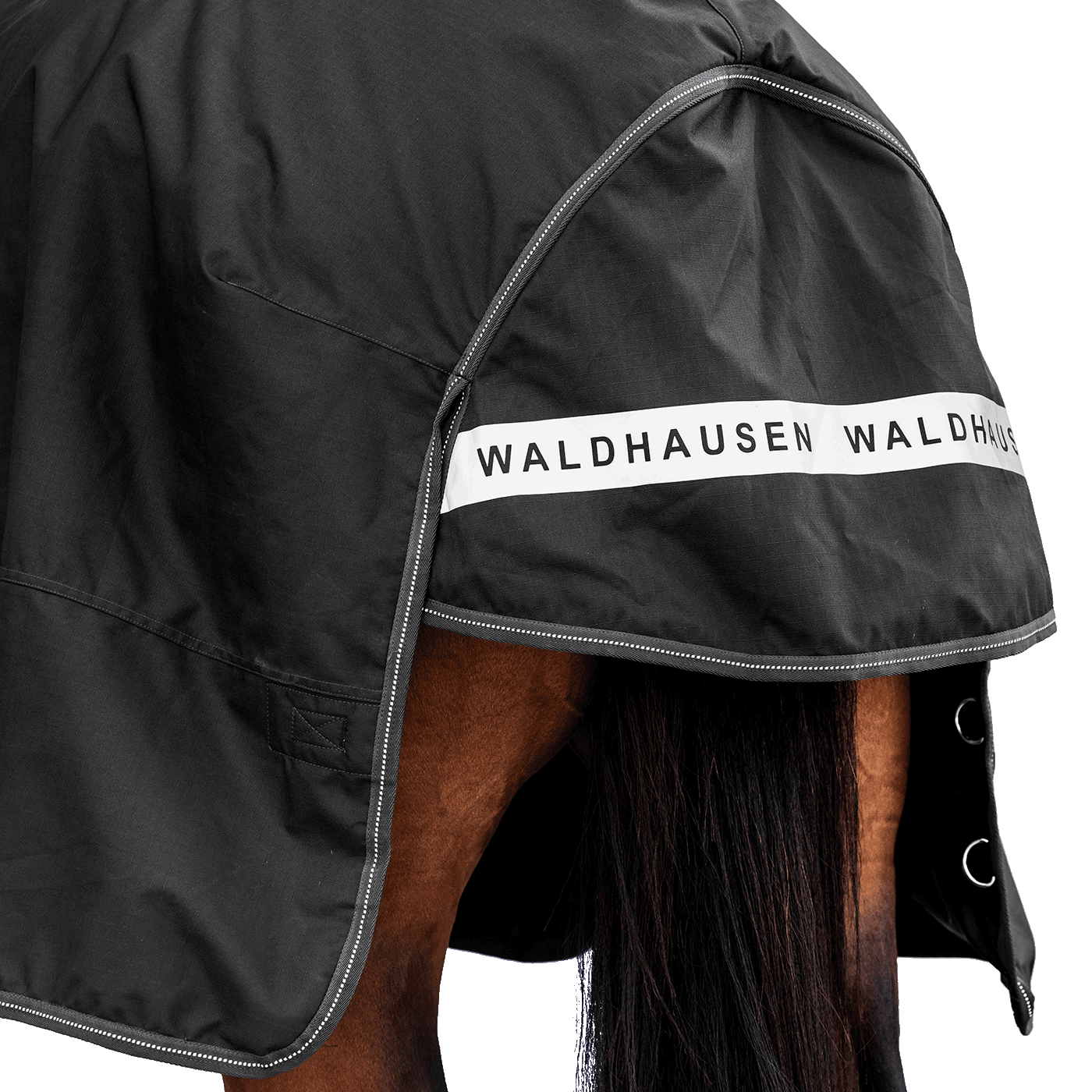 Rückansicht der dunklen Waldhausen-Outdoordecke Arctic 200 g in Schwarz mit Fokus auf den langen Schweiflatz. Der großzügige Schweiflatz schützt Schweif und Schweifrübe des Pferdes zuverlässig vor Wind, Regen und Kälte. Die breite, reflektierende Waldhausen-Applikation sorgt für optimale Sichtbarkeit von hinten im Dunkeln, auf der Weide, auf Wegen oder im Straßenverkehr. Die perfekte 600D-Ripstop-Regendecke für bessere Sichtbarkeit im Dunklen. D-Ringe für Beinschnüre sind zu sehen.