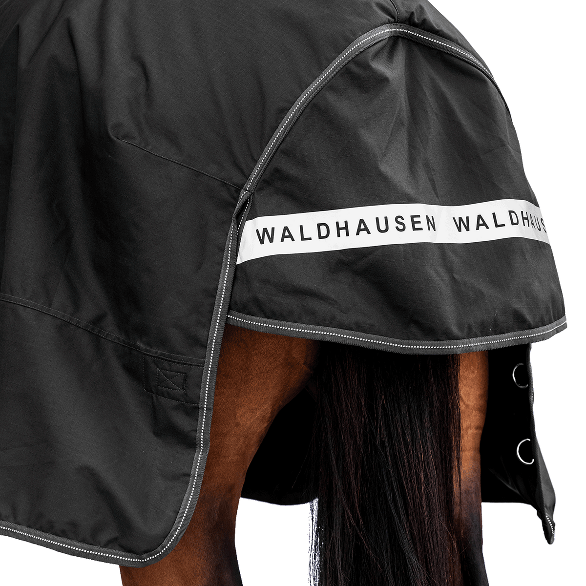 Rückansicht der dunklen Waldhausen-Outdoordecke Arctic 50 g in Schwarz mit Fokus auf den langen Schweiflatz. Der großzügige Schweiflatz schützt Schweif und Schweifrübe des Pferdes zuverlässig vor Wind, Regen und Kälte. Die breite, reflektierende Waldhausen-Applikation sorgt für optimale Sichtbarkeit von hinten im Dunkeln, auf der Weide, auf Wegen oder im Straßenverkehr. Die perfekte 600D-Ripstop-Regendecke für bessere Sichtbarkeit im Dunklen. D-Ringe für Beinschnüre sind zu sehen.