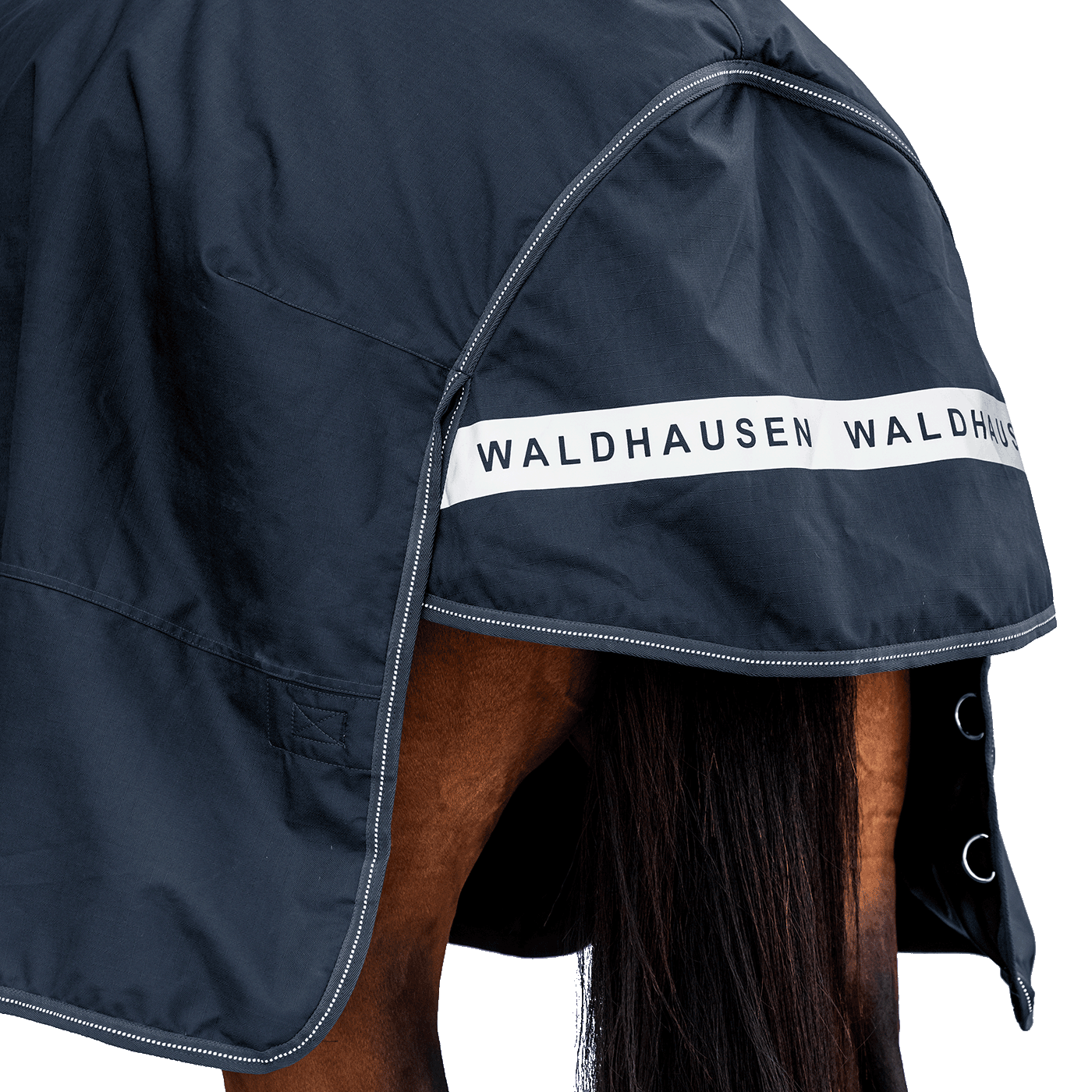 Rückansicht der dunkelblauen Waldhausen-Outdoordecke Arctic Light in Nachtblau mit Fokus auf den langen Schweiflatz. Der großzügige Schweiflatz schützt Schweif und Schweifrübe des Pferdes zuverlässig vor Wind, Regen und Kälte. Die breite, reflektierende Waldhausen-Applikation sorgt für optimale Sichtbarkeit von hinten im Dunkeln, auf der Weide, auf Wegen oder im Straßenverkehr. Die perfekte 600D-Ripstop-Regendecke für bessere Sichtbarkeit im Dunklen. D-Ringe für Beinschnüre sind zu sehen.
