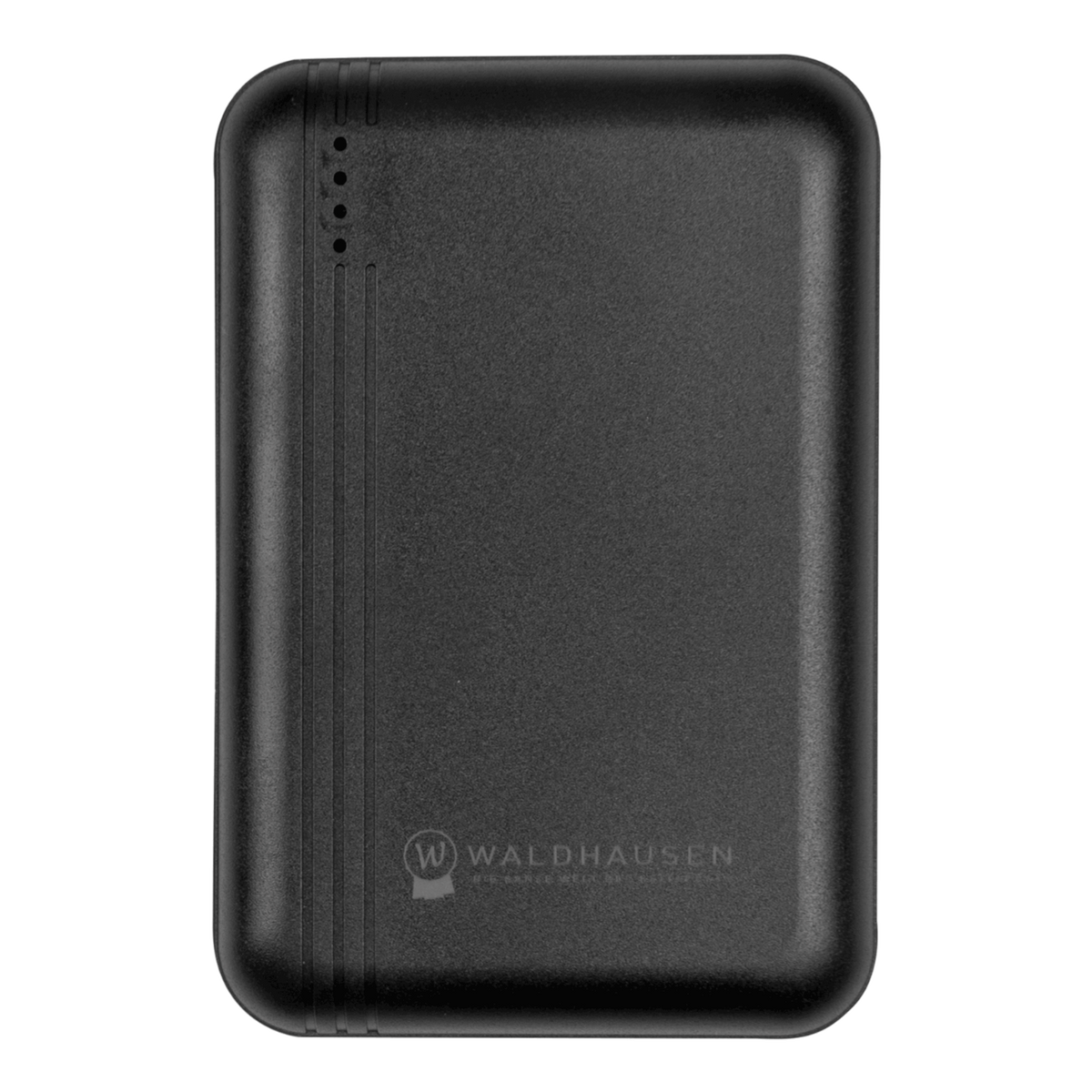Kompatible schwarze Waldhausen Health + Care Powerbank und Ersatzakku mit 5000 mAh und 7,4 V für die TecSupreme Heiz- und Massagedecke Art. 3890, ausgestattet mit 4 LED-Statusanzeigen und dezentem Waldhausen-Logo auf der Vorderseite.