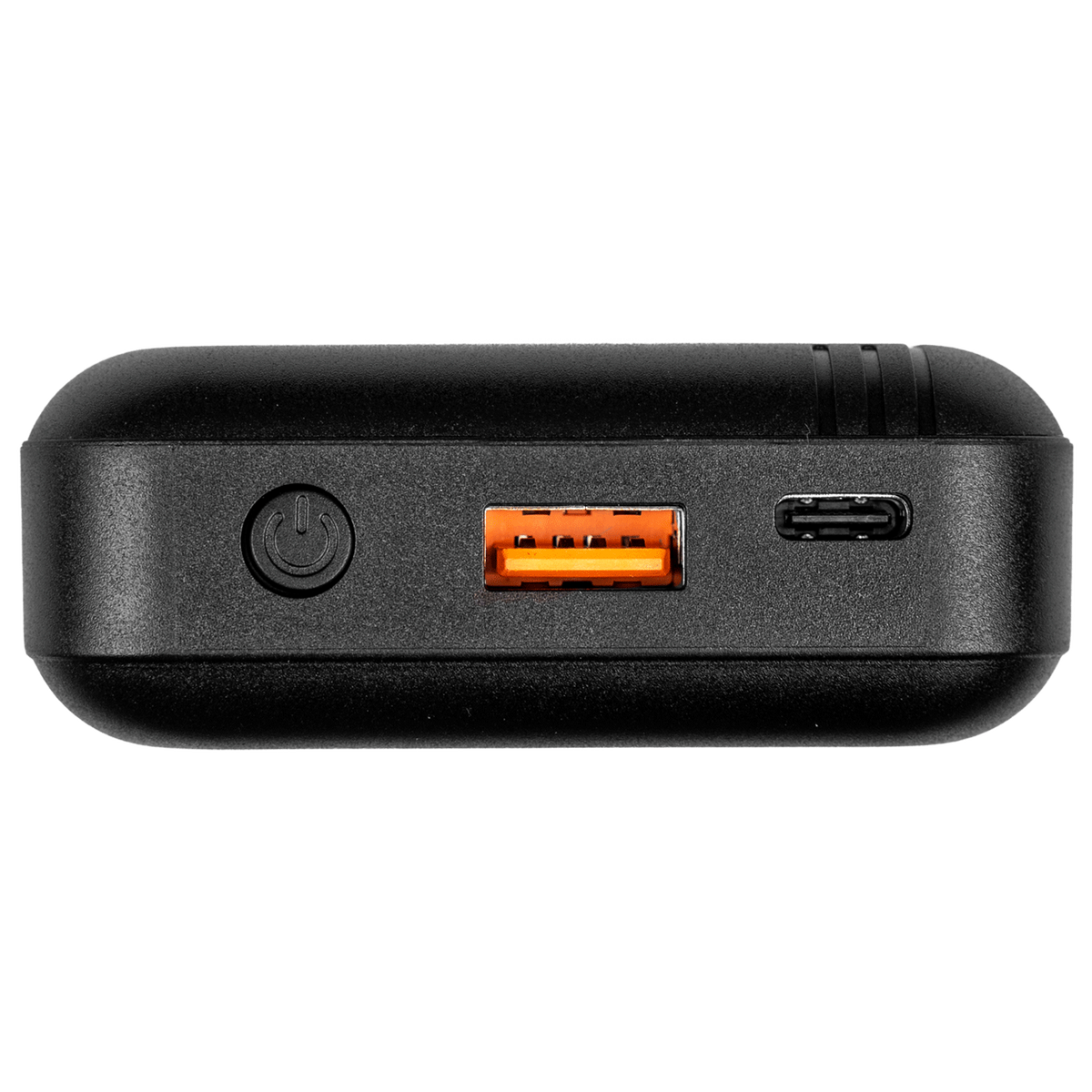 Draufsicht auf das Anschlussfeld der Waldhausen Health + Care TecSupreme Powerbank (5000 mAh / 7,4 V) mit rundem Ein-/Ausschalter, orangem USB-A-Ausgang und USB-C-Ladeanschluss für die TecSupreme Heiz- und Massagedecke Art. 3890.