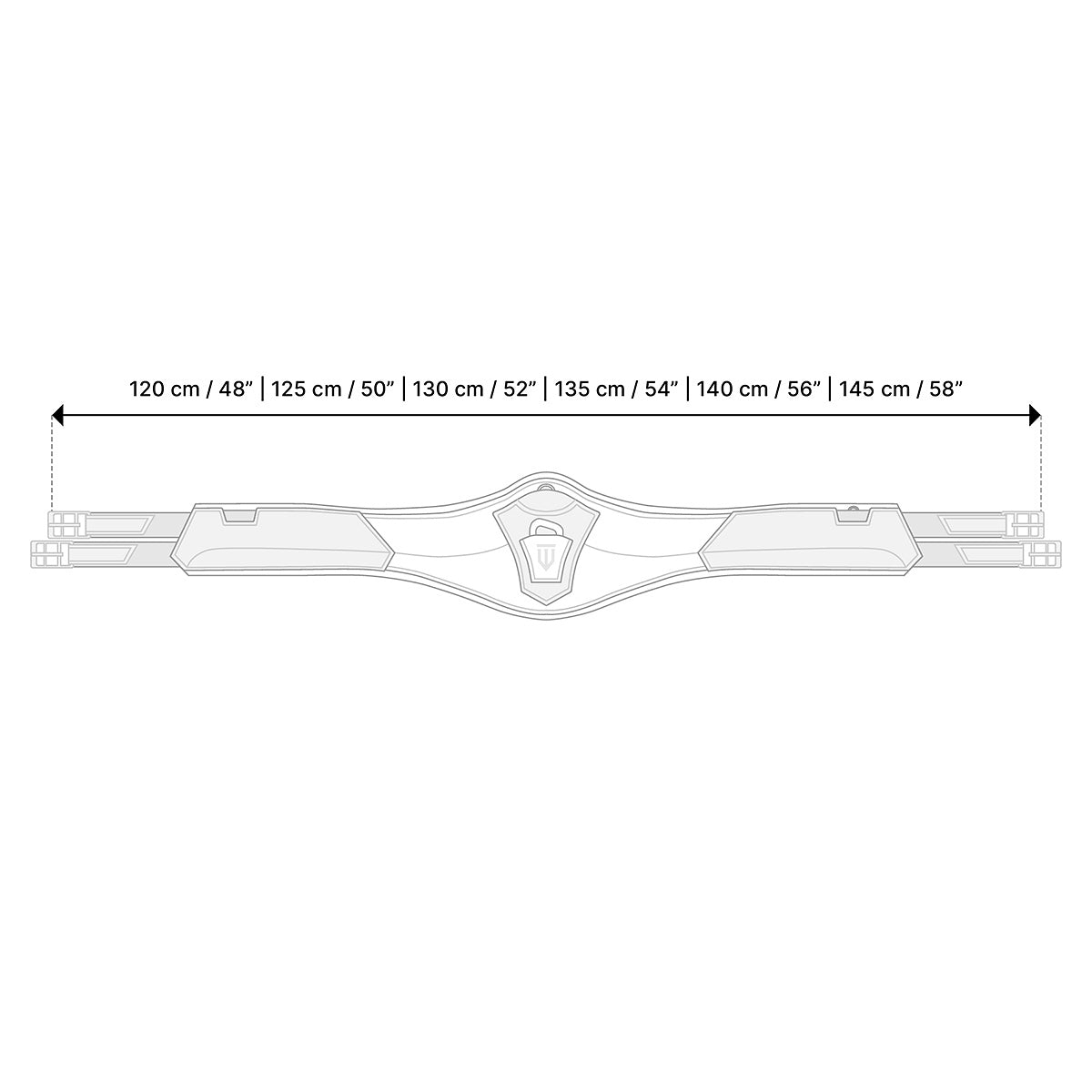 Technische Skizze und Größentabelle des Winderen-Pressure-Relief-Springgurts mit Messanleitung von Schnallenende zu Schnallenende. Die Grafik zeigt die genaue Passform sowie die verfügbaren Gurtlängen von 120 cm (48″) bis 145 cm (58″) für Pferd und Pony.