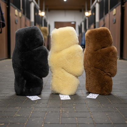 Alle Stübben Equi-Soft Lammfellpolster by Mattes in Natur Hellgelb, Graphit Grau und Whiskey Braun nebeneinander in der Stallgasse