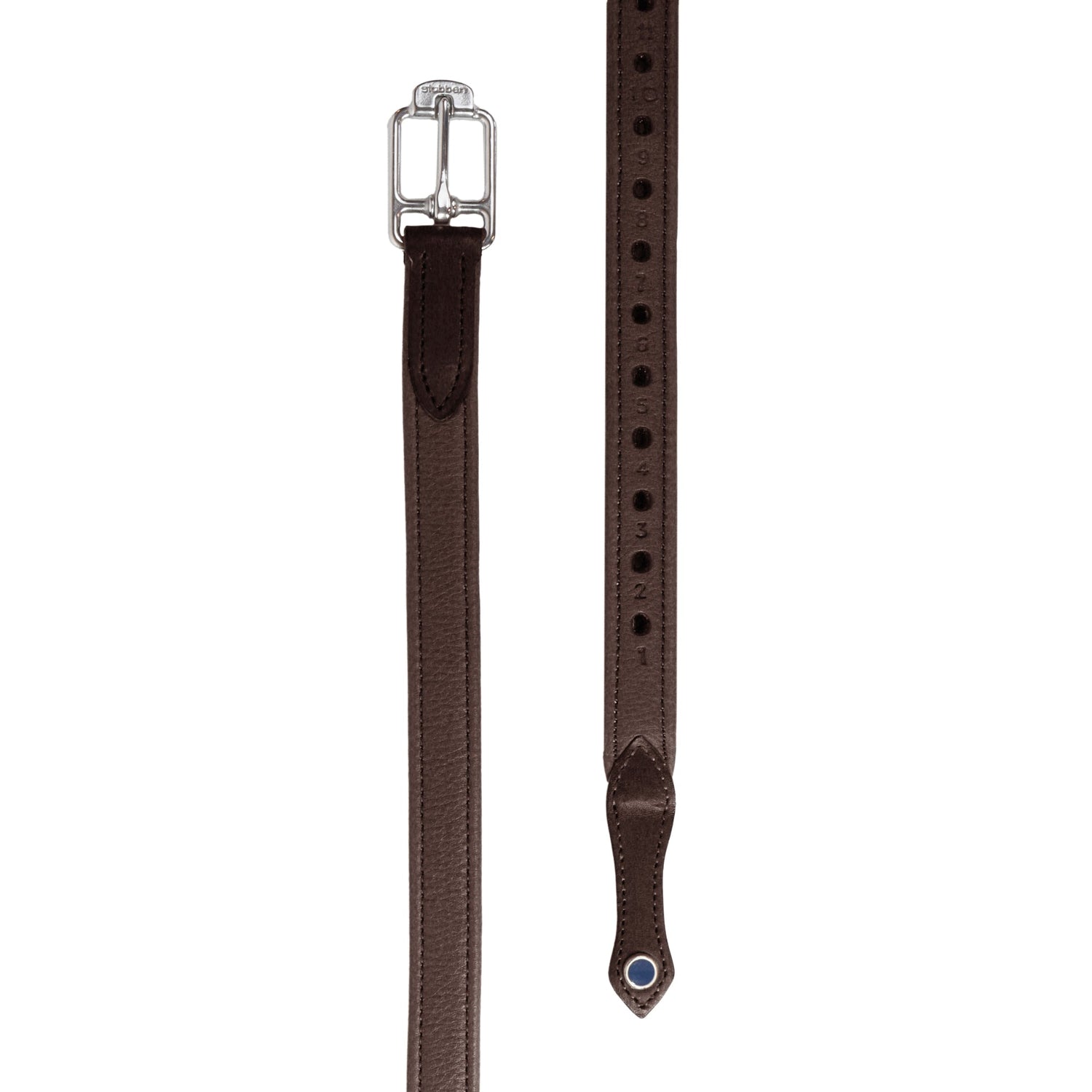 Der Stübben Steigbügelriemen de Luxe in der Farbe Ebony zeigt die hochwertige Edelstahlschnalle, die nummerierte Lochung sowie den charakteristischen blauen Punkt als Qualitätsmerkmal von Stübben.