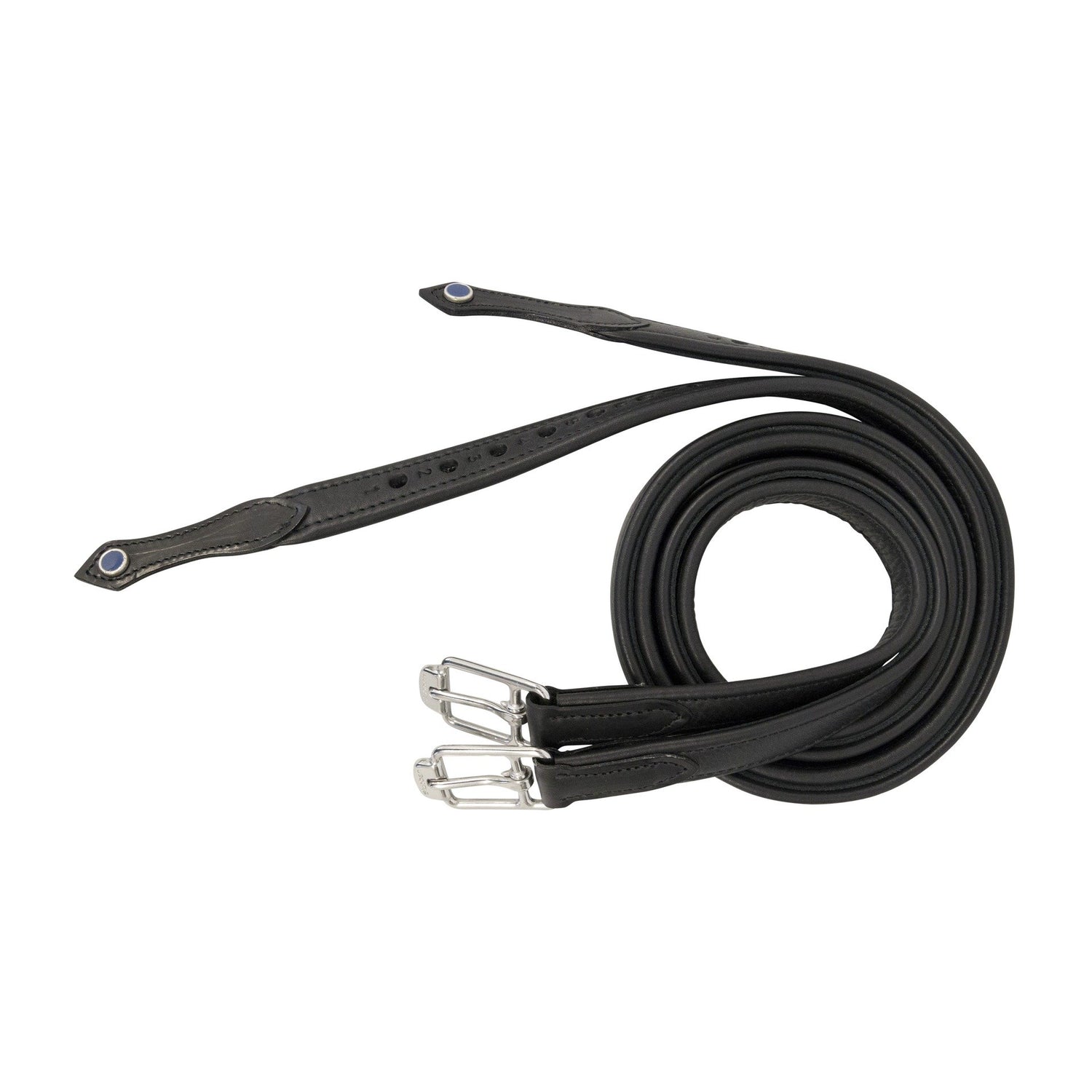 Eingerollte schwarze Stübben Steigbügelriemen de Luxe aus besonders weichem und geschmeidigem Vachettenleder, die die hohe Flexibilität und Qualität des Leders zeigen, geeignet für Dressurreiten, Springreiten, Vielseitigkeitsreiten, Turnierreiten und Freizeitreiten.