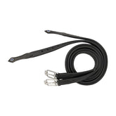 Eingerollte schwarze Stübben Steigbügelriemen de Luxe aus besonders weichem und geschmeidigem Vachettenleder, die die hohe Flexibilität und Qualität des Leders zeigen, geeignet für Dressurreiten, Springreiten, Vielseitigkeitsreiten, Turnierreiten und Freizeitreiten.