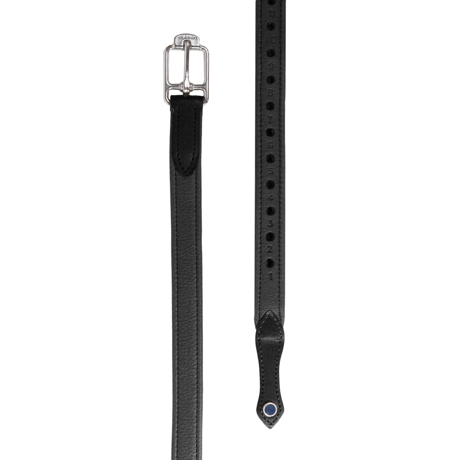 Die schwarzen Stübben Steigbügelriemen de Luxe aus hochwertigem Vachettenleder mit Edelstahlschnalle und dem Markenkennzeichen, dem blauen Punk von Stübben am Ende des Steigbügelriemens. Zu erkennen sind die vorgestanzten Bügellöcher mit Nummerierung. Das Produktbild der hochwertigen Steigbügelriemen aus Leder signalisiert Reiterinnen Qualität und Sicherheit im Reitsport.