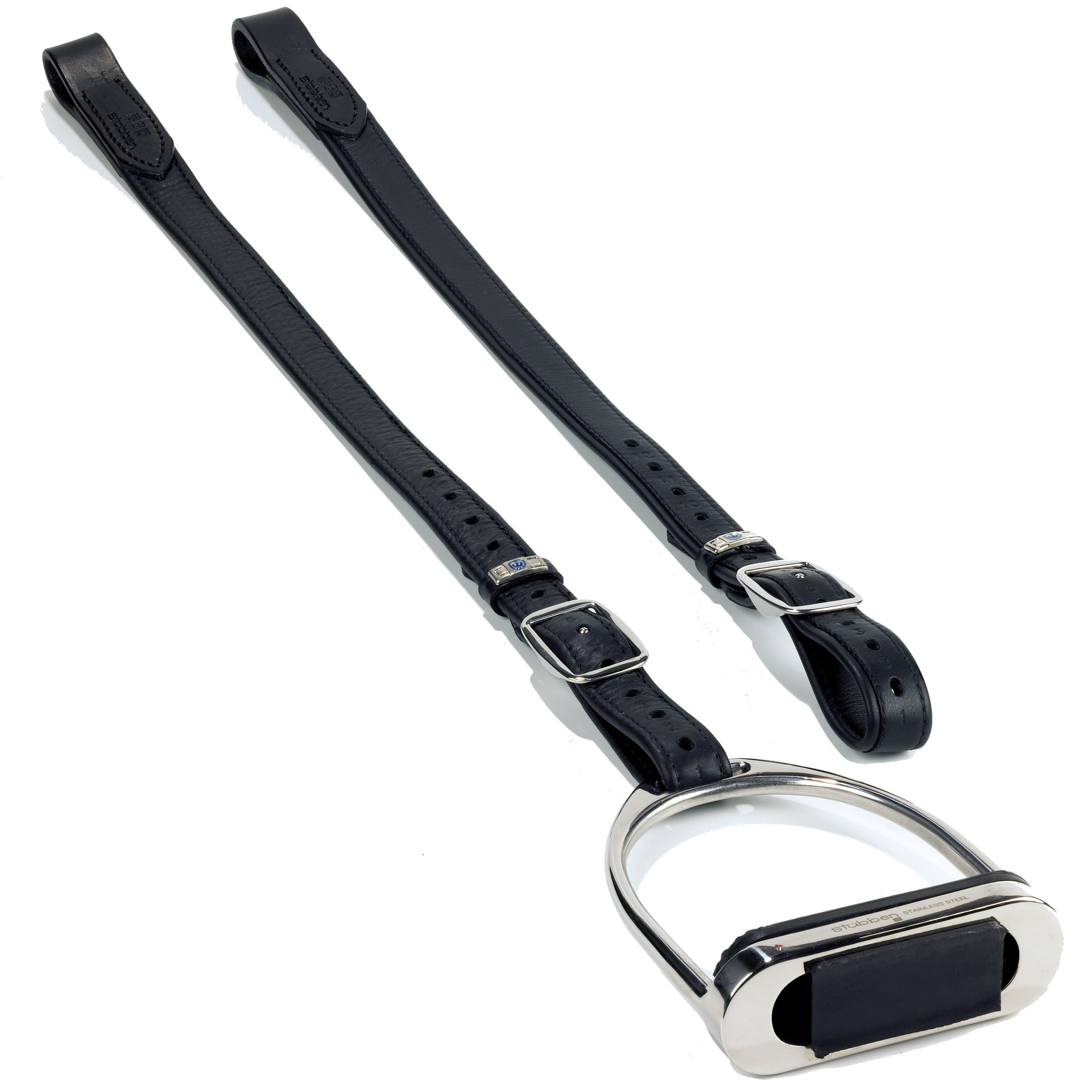 Stübben Mono de Luxe Steigbügelriemen aus hochwertigem Leder mit befestigtem Steigbügel, schnallenfrei im oberen Bereich für mehr Komfort am Oberschenkel und direkten Kontakt zum Pferd bei der Nutzung im Monosattel. Silberne Edelstahlschnallen für das Einstellen der Bügellänge und eine sichere Handhabung.