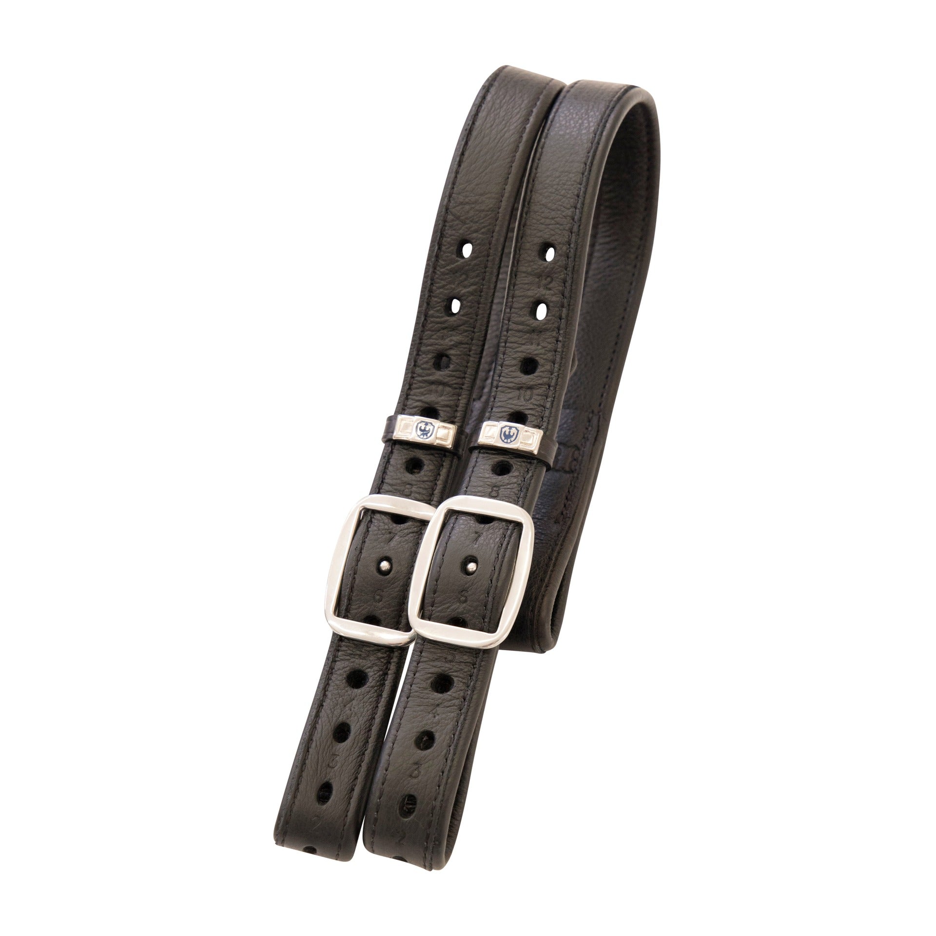Zwei Stübben Steigbügelriemen Mono de Luxe 1 Zoll in Ebony nebeneinander nach hinten umgeschlagen, die die besondere Weichheit und hohe Flexibilität des hochwertigen Stübben Leders zeigen – Premiumqualität aus dem Sattlerhandwerk für Sicherheit und ruhigen Sitz im Sattel.Das dunkelbraune Leder der Steigbügelriemen wirkt edel und robust.