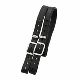 Zwei Stübben Steigbügelriemen Mono de Luxe 1 Zoll in Schwarz nebeneinander nach hinten umgeschlagen, die die besondere Weichheit und hohe Flexibilität des hochwertigen Stübben Leders zeigen – Premiumqualität aus dem Sattlerhandwerk für Sicherheit und ruhigen Sitz im Sattel.Das dunkelbraune Leder der Steigbügelriemen wirkt edel und robust.