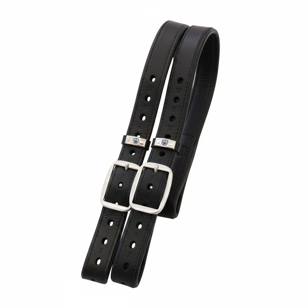 Zwei Stübben Steigbügelriemen Mono de Luxe 1 Zoll in Schwarz nebeneinander nach hinten umgeschlagen, die die besondere Weichheit und hohe Flexibilität des hochwertigen Stübben Leders zeigen – Premiumqualität aus dem Sattlerhandwerk für Sicherheit und ruhigen Sitz im Sattel.Das dunkelbraune Leder der Steigbügelriemen wirkt edel und robust.