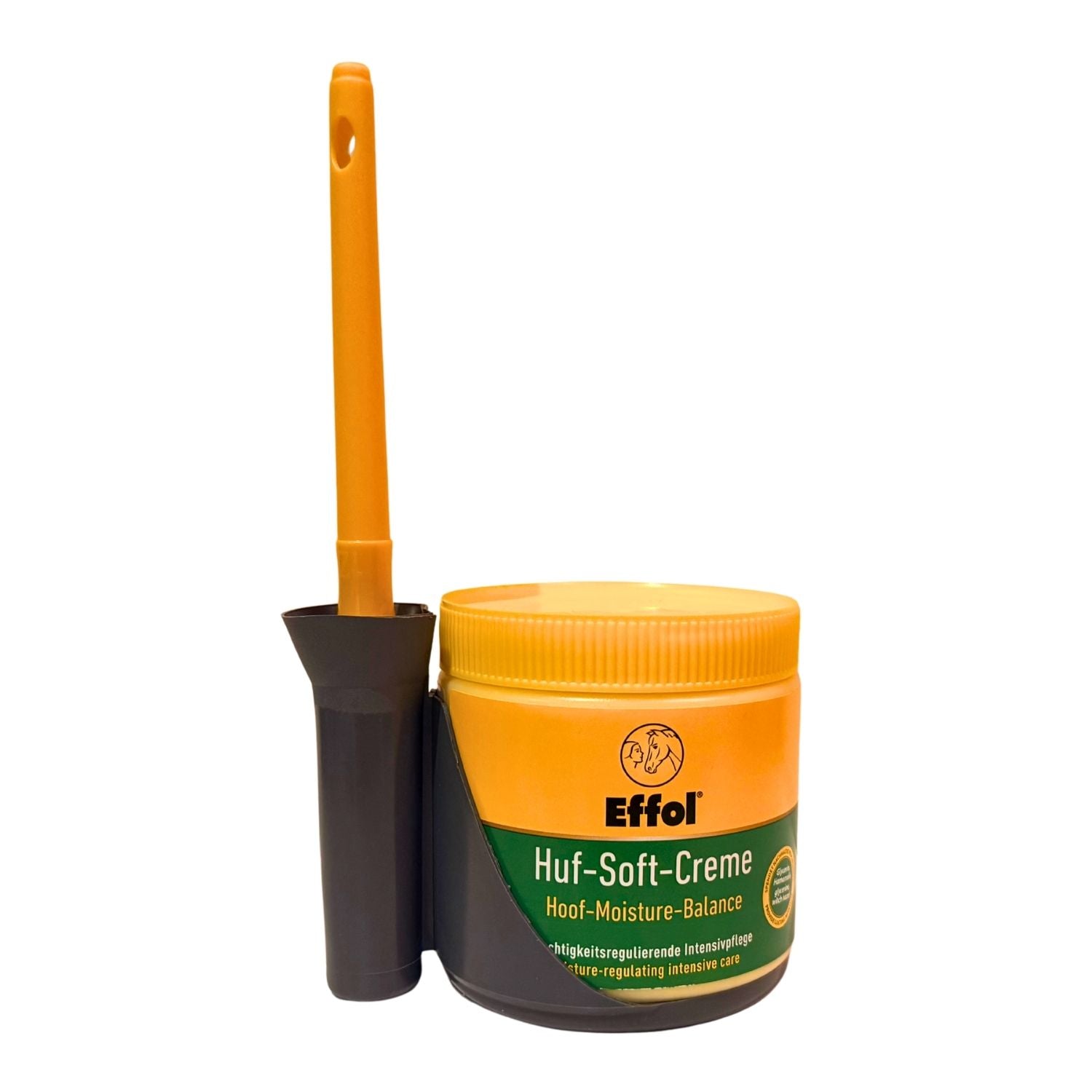 Der Effol Pinsel-Fix ist ein praktischer Hufpinsel mit Container und Standplattform, auf der eine geschlossene Effol Huf-Soft-Creme steht, um eine hygienische, saubere und einhändige Anwendung bei der täglichen Hufpflege von Pferden zu unterstützen.
