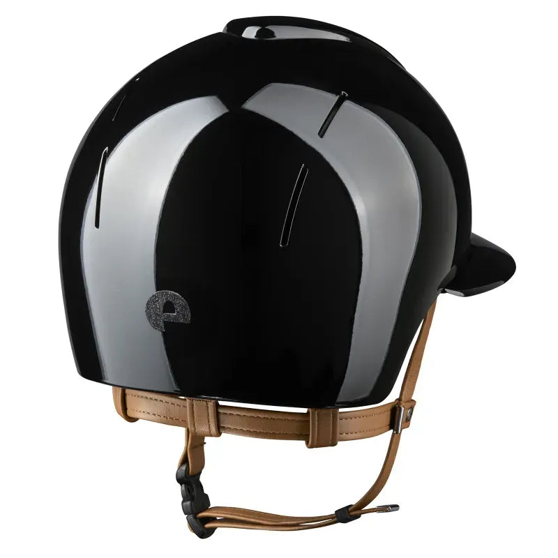KEP Smart Nova Metal Polish Reithelm Schwarz mit beiger Beriemung, Star Glitzer Schwarz und Polo-Visier – Seitenansicht