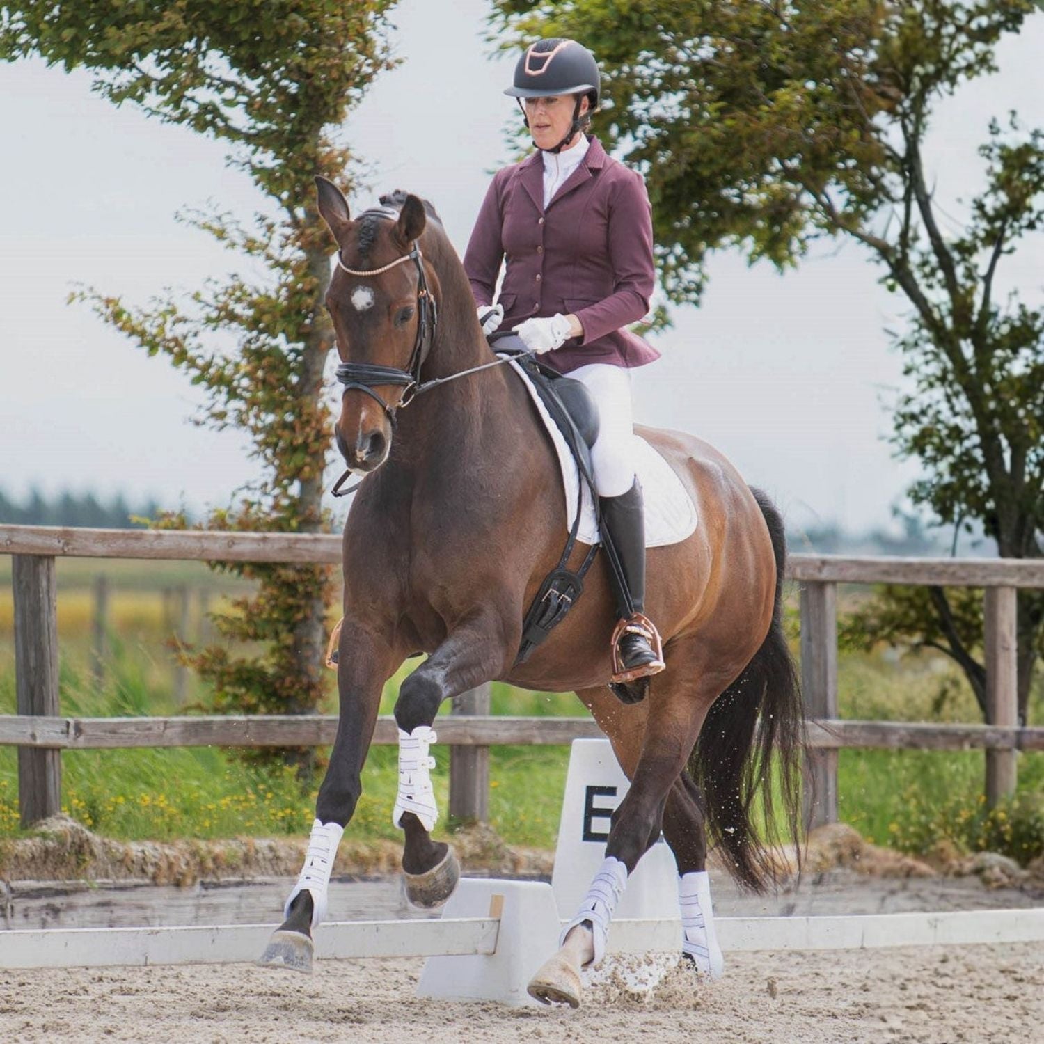Reiterin im Harry’s Horse Turnierjacket Crystal in Bordeaux reitet im Galopp im Dressurviereck während einer Dressurprüfung. Das Jacket ist Teil eines vollständigen Turnieroutfits und kombiniert klassische Eleganz mit Bewegungsfreiheit. Ideal für Turnierreiterinnen, Reitprofis und Freizeitreiterinnen mit Turnierambitionen.