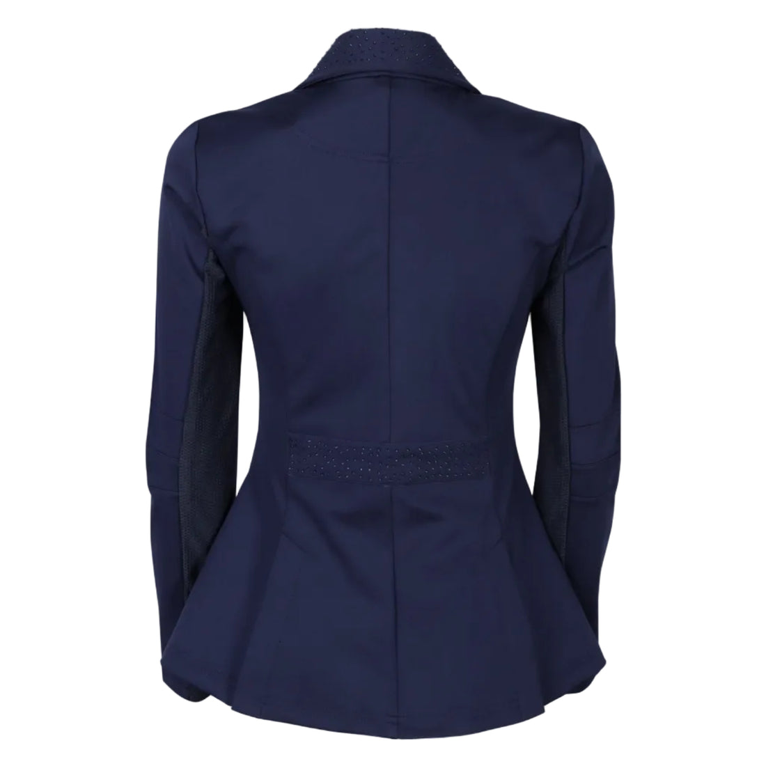 Rückansicht des Harry’s Horse Turnierjackets Crystal in Navy, einem dunklen Blauton. Die Jacke zeigt Mesh-Einsätze unter den Ärmeln für optimale Belüftung und Bewegungsfreiheit im Sattel. Der mit Glitzer besetzte Taillengürtelteil und die Rückseite des Glitzerkragens betonen die feminine, taillierte Schnittführung. Perfekt für Turnierreiterinnen, Reitabzeichenprüfungen oder Dressurreiterinnen.