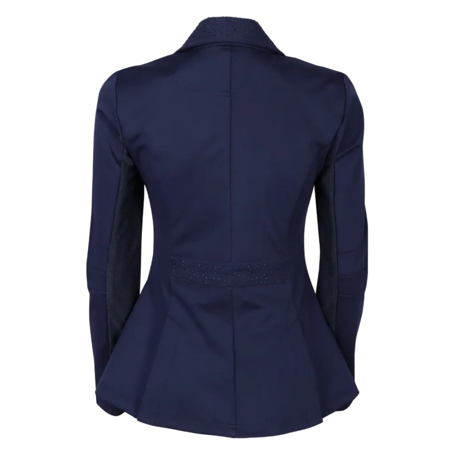 Rückansicht des Harry’s Horse Turnierjackets Crystal in Navy, einem dunklen Blauton. Die Jacke zeigt Mesh-Einsätze unter den Ärmeln für optimale Belüftung und Bewegungsfreiheit im Sattel. Der mit Glitzer besetzte Taillengürtelteil und die Rückseite des Glitzerkragens betonen die feminine, taillierte Schnittführung. Perfekt für Turnierreiterinnen, Reitabzeichenprüfungen oder Dressurreiterinnen.
