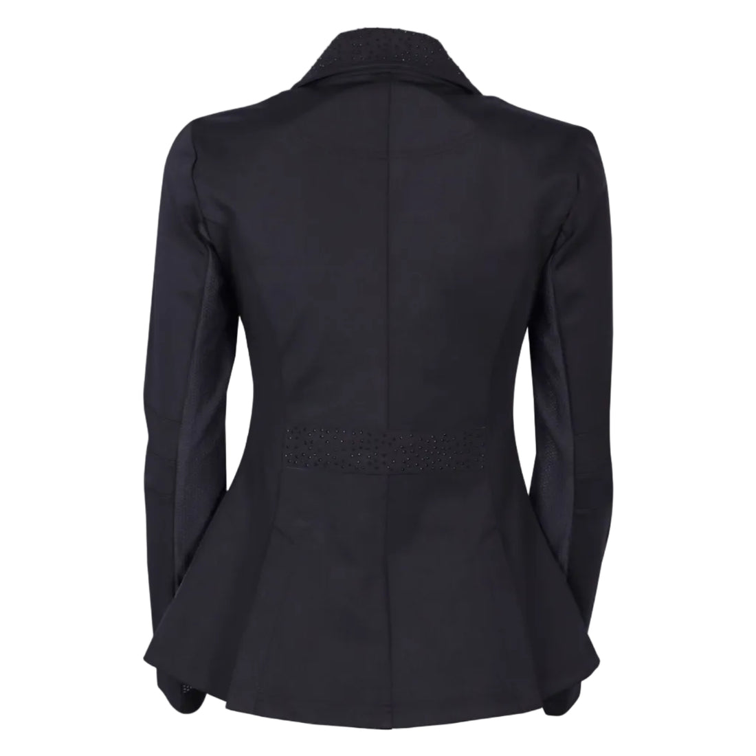 Rückansicht des Harry’s Horse Turnierjackets Crystal in Schwarz. Die Jacke zeigt Mesh-Einsätze unter den Ärmeln für optimale Belüftung und Bewegungsfreiheit im Sattel. Der mit Glitzer besetzte Taillengürtelteil und die Rückseite des Glitzerkragens betonen die feminine, taillierte Schnittführung. Perfekt für Turnierreiterinnen, Reitabzeichenprüfungen oder Dressurreiterinnen.