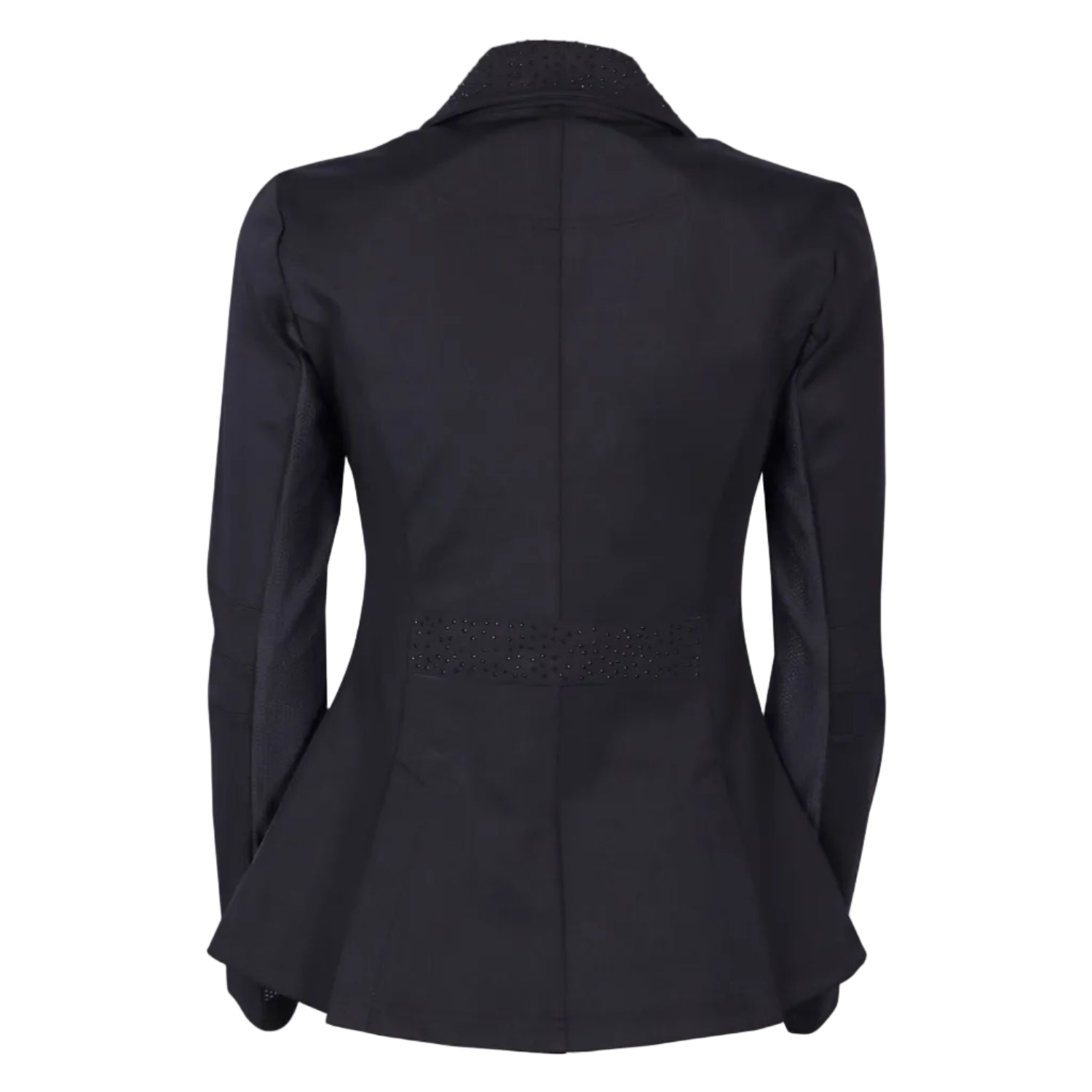 Rückansicht des Harry’s Horse Turnierjackets Crystal in Schwarz. Die Jacke zeigt Mesh-Einsätze unter den Ärmeln für optimale Belüftung und Bewegungsfreiheit im Sattel. Der mit Glitzer besetzte Taillengürtelteil und die Rückseite des Glitzerkragens betonen die feminine, taillierte Schnittführung. Perfekt für Turnierreiterinnen, Reitabzeichenprüfungen oder Dressurreiterinnen.