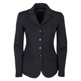 Vorderansicht des Harry’s Horse Turnierjackets Crystal in Schwarz, das eine taillierte, körpernahe Schnittform zeigt. Die Jacke verfügt über vier runde Frontknöpfe mit innenliegendem Reißverschluss und edle, gleichfarbige Glitzerapplikationen am Kragen und an den seitlichen Klappentaschen, die den klassischen Stil mit modernem Design verbinden. Ideal für Damen Turnierreiterinnen und Turnieroutfits.