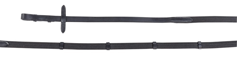 Schwarze Gurtbandzügel von Harry’s Horse im Detail, mit fünf Stegen, klassischen Zaumhaken, Martingalstoppern und hochwertigem Leder – Zügel passend zur Trense Sparkle.