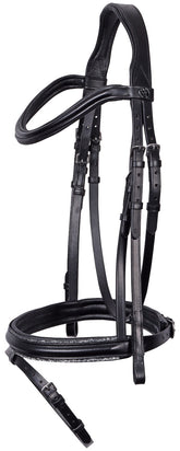 Schwarze Harry’s Horse Trense Sparkle ohne Zügel, englisch kombiniert, mit funkelnder Glitzer-Zierkeder und anatomisch gepolstertem Genickstück – elegante Trense für Pony und Pferd.