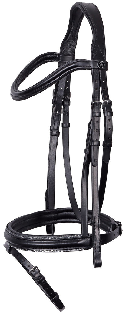 Schwarze Harry’s Horse Trense Sparkle ohne Zügel, englisch kombiniert, mit funkelnder Glitzer-Zierkeder und anatomisch gepolstertem Genickstück – elegante Trense für Pony und Pferd.
