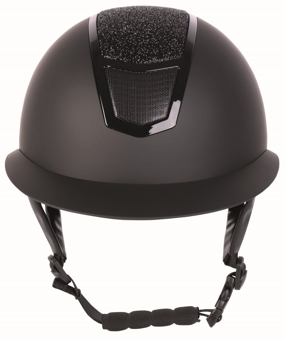 Frontalansicht des Harry’s Horse Mont Blanc Sparkle Sicherheitsreithelms in Schwarz Schwarz mit Kinnpolster, 4-Punkt-Befestigung und klar sichtbarer vorderer Silhouette für sicheren Halt beim Reiten. Großes Helmvisier.