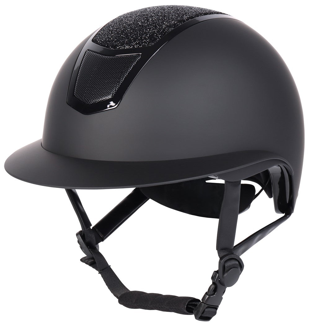 Harry’s Horse Mont Blanc Sparkle Reithelm seitlich von vorn in klassischem Schwarz Schwarz mit funkelndem Crystal-Rocks-Glitzer, verchromten Einsätzen mit schwarzem Finish, moderner Helmform, breitem Helmschirm und sicherem 4-Punkt-System, robustem Helmverschluss.